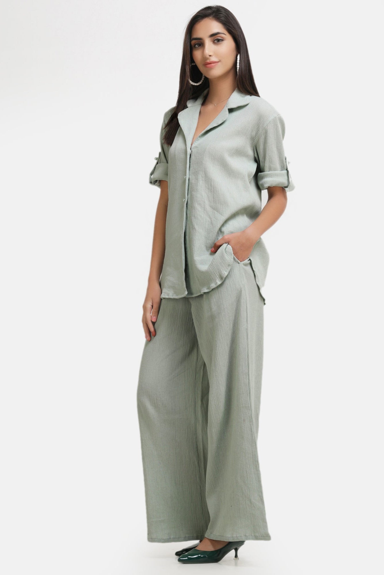 Crepe Shirt+Crinkle Pants (Sea Green)