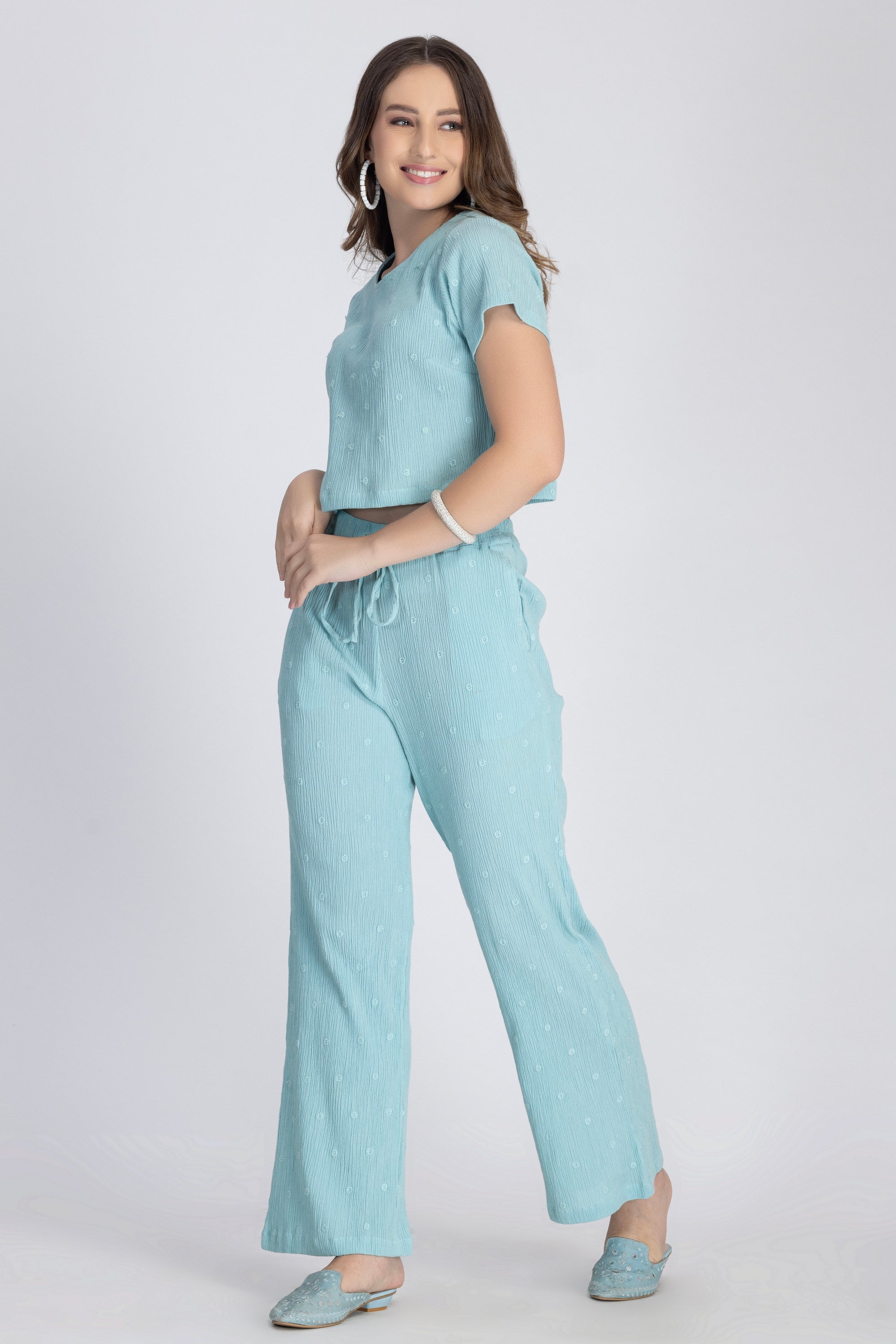 Crinkle Crepe Crop Top+Pants (Green)