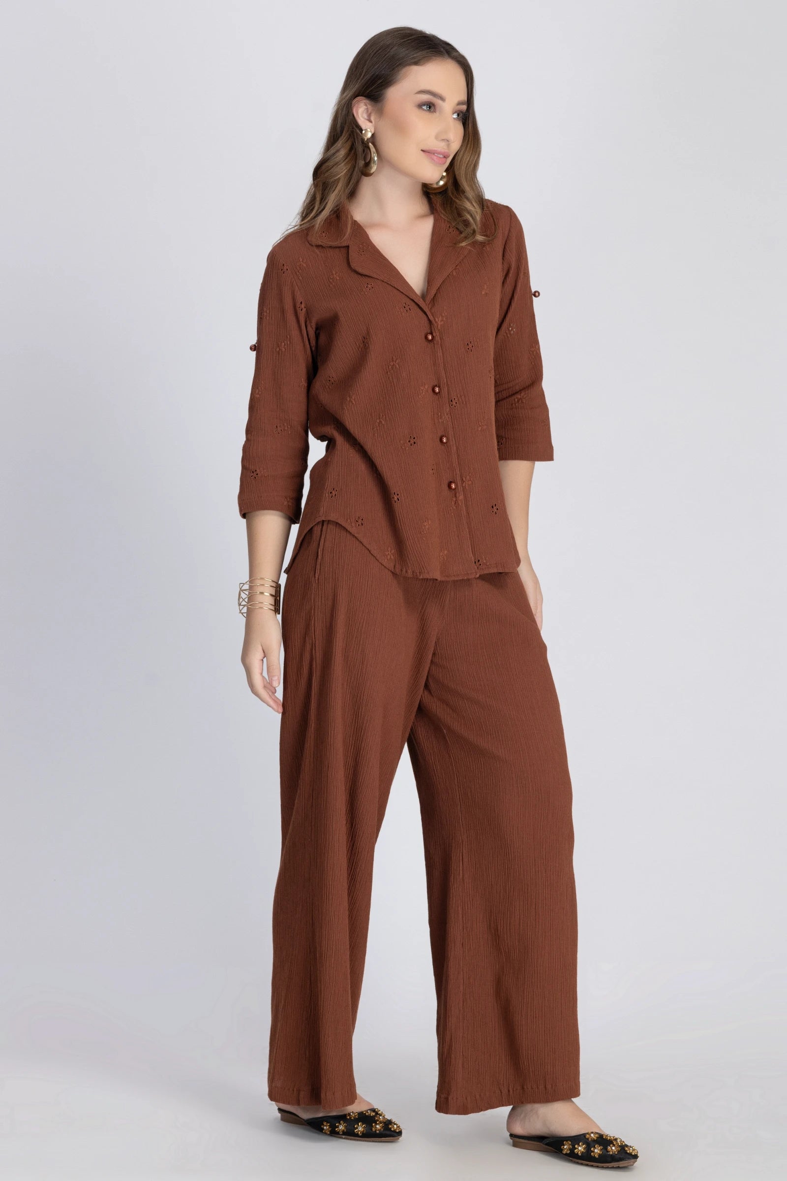 Crinkle Crepe Shirt+Pants(Brown)