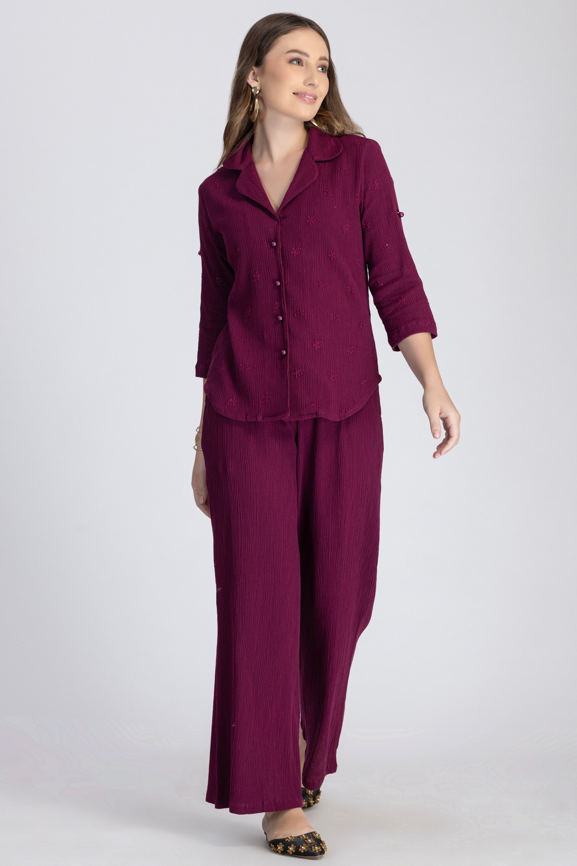 Crinkle Crepe Shirt+Pants(Fuchsia Pink)