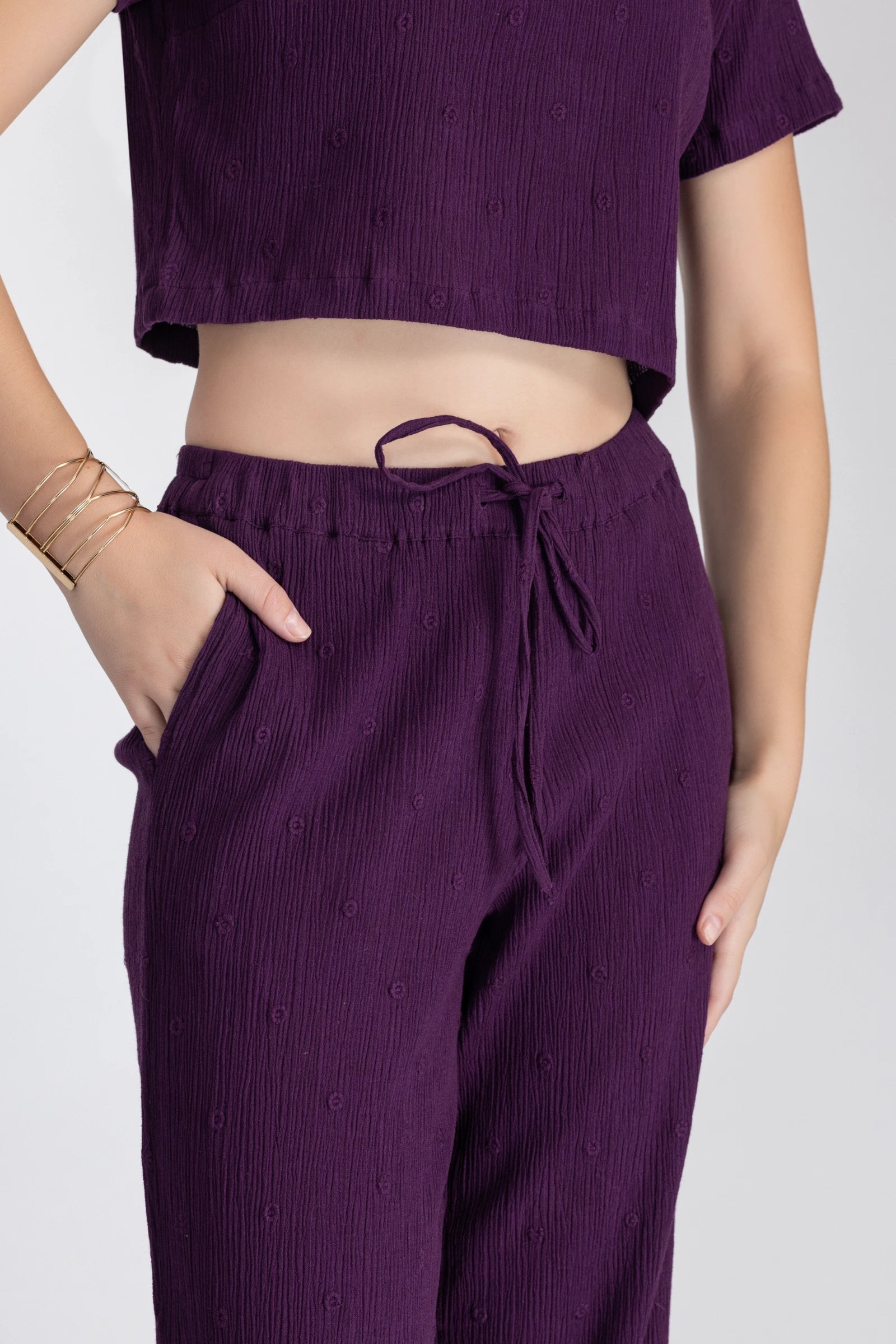 Crinkle Crepe Crop Top+Pants (Purple)