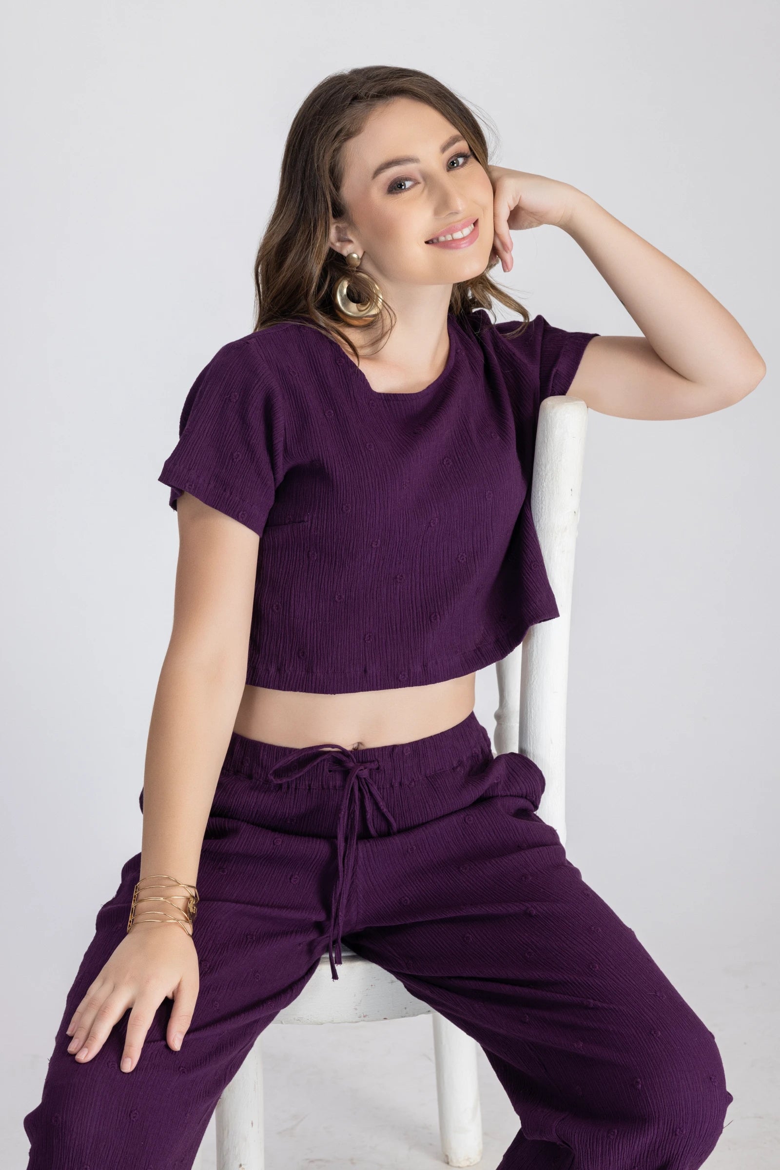 Crinkle Crepe Crop Top+Pants (Purple)