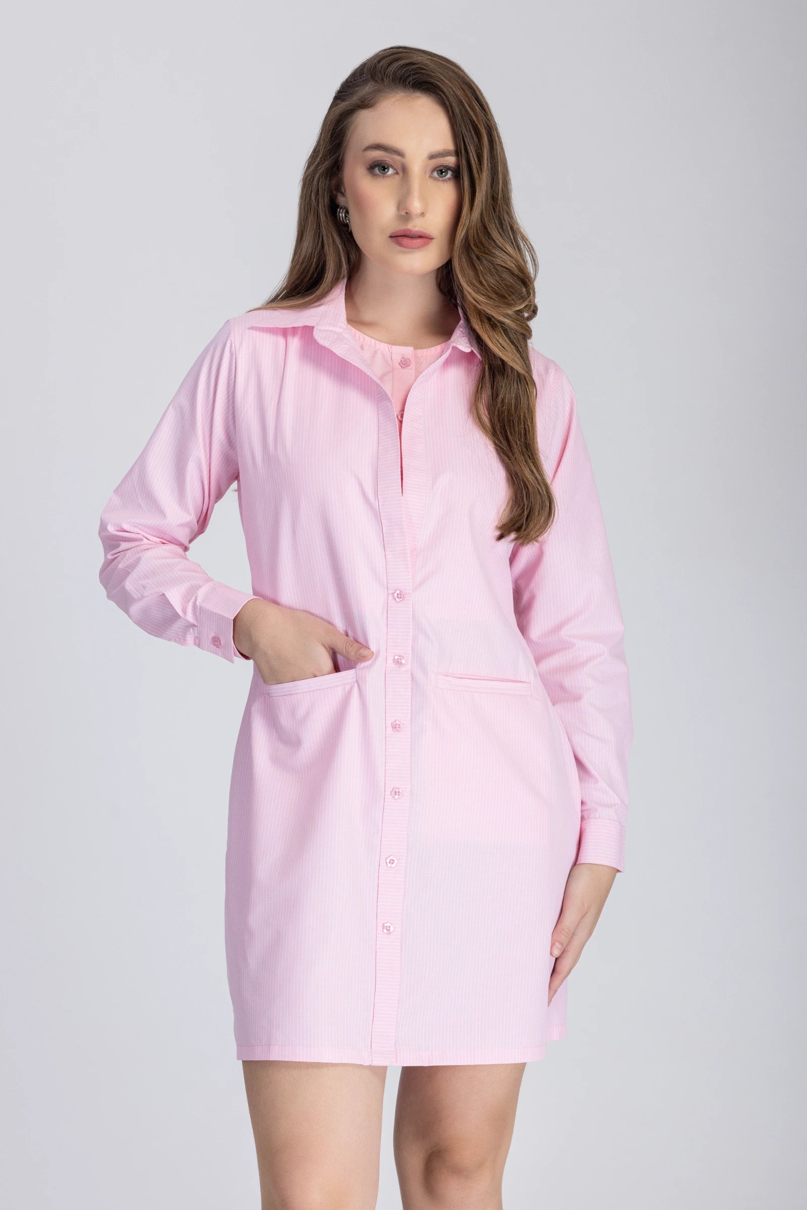 Double Placket Shirt Dress (Baby Pink)