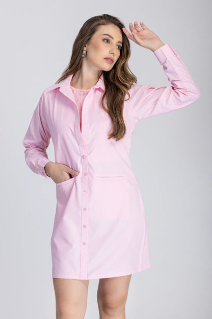 Double Placket Shirt Dress (Baby Pink)