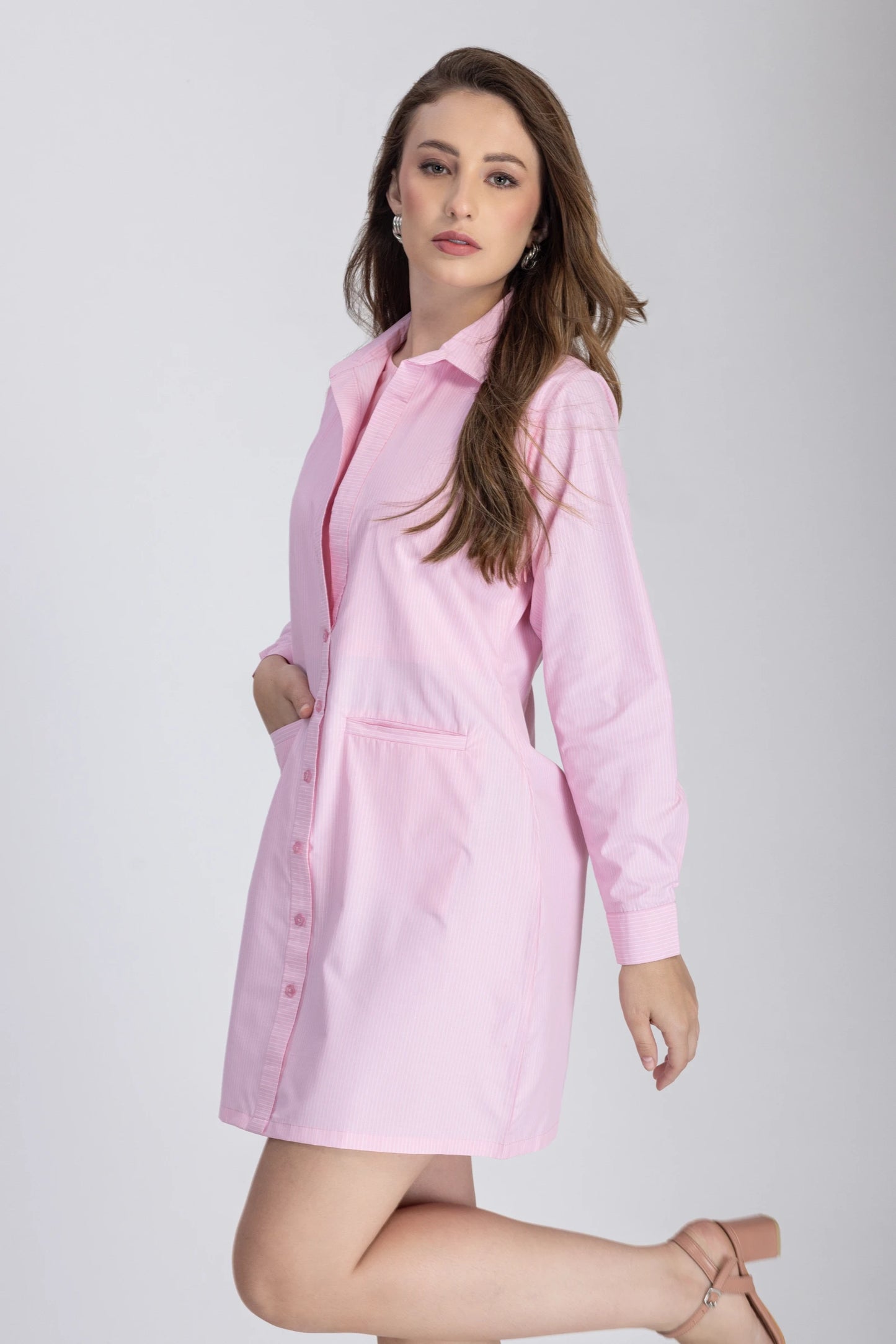Double Placket Shirt Dress (Baby Pink)