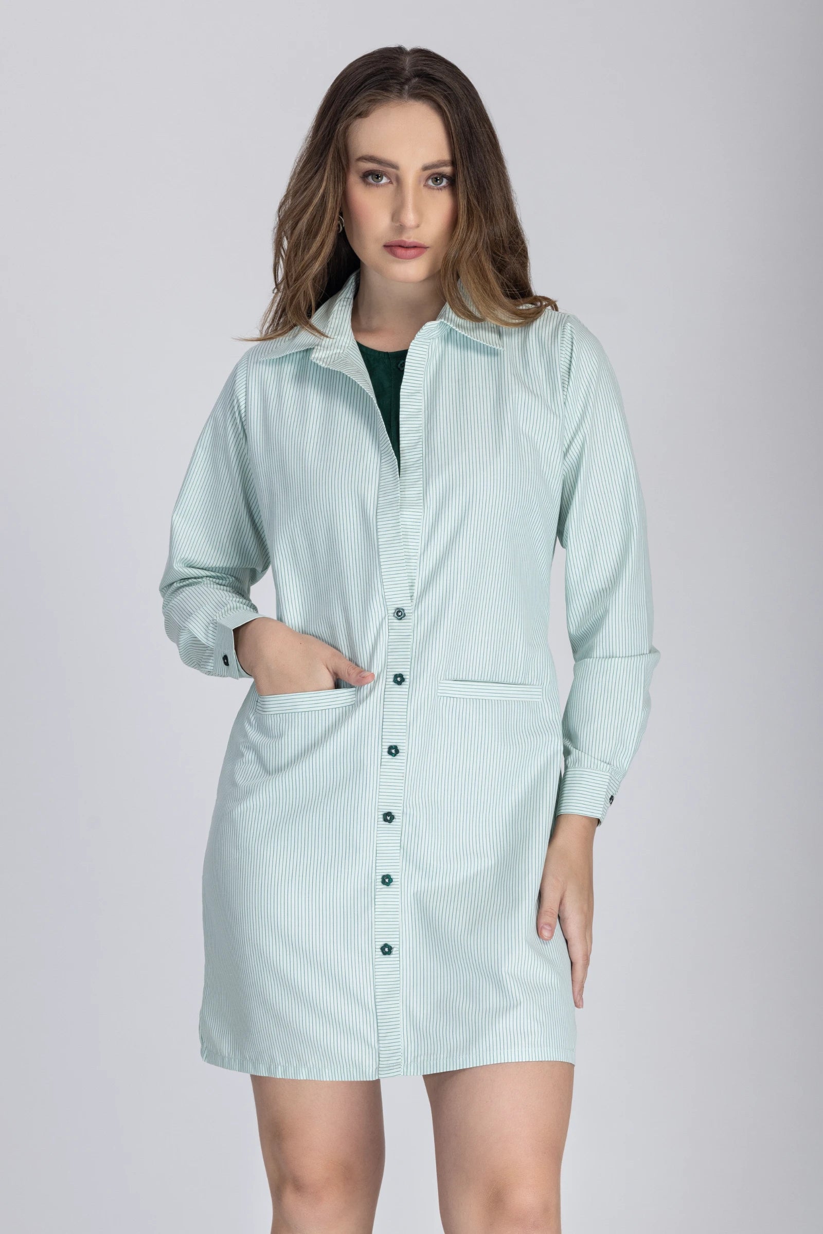 Double Placket Shirt Dress-Green