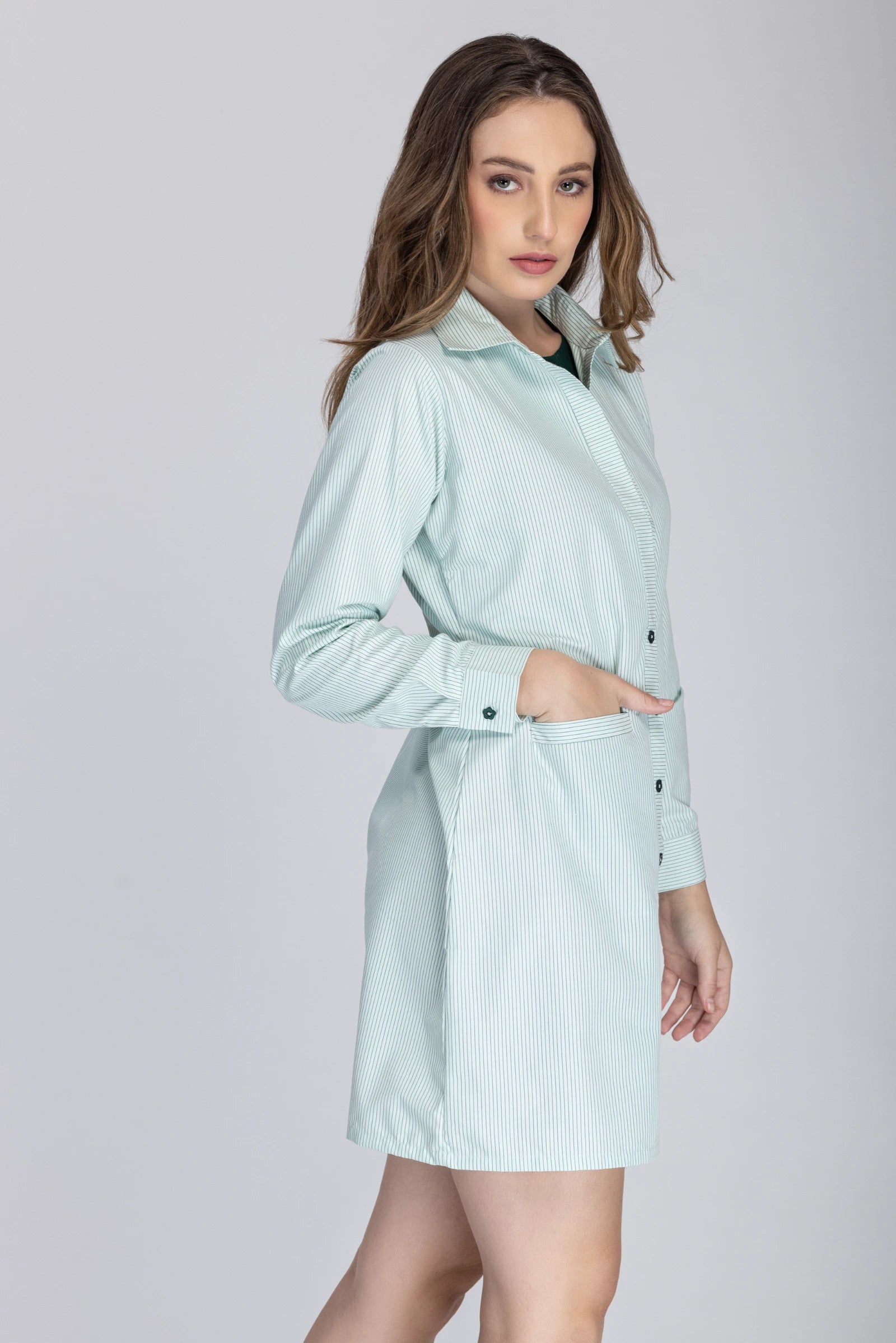 Double Placket Shirt Dress-Green