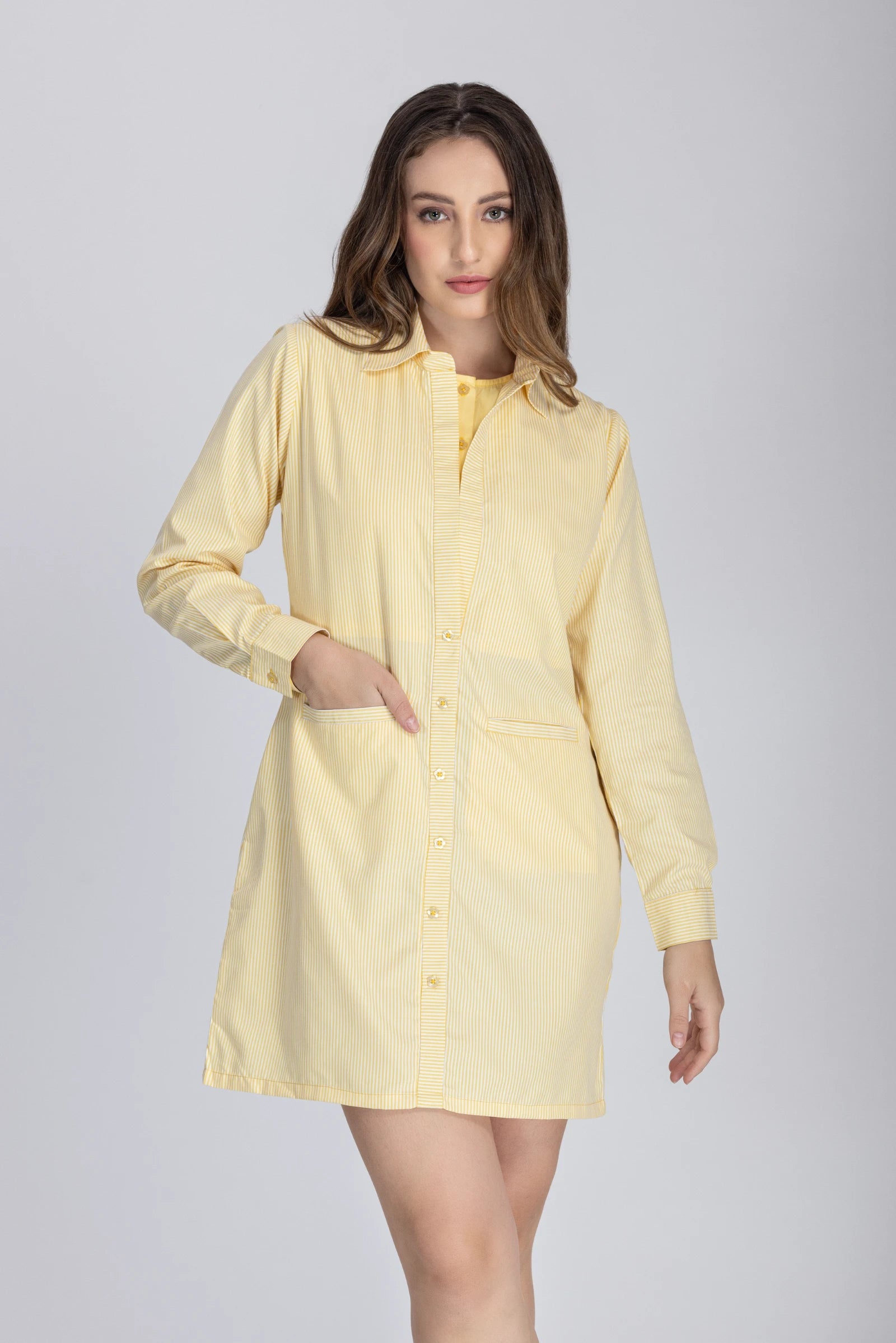 Double Placket Shirt Dress-Yellow
