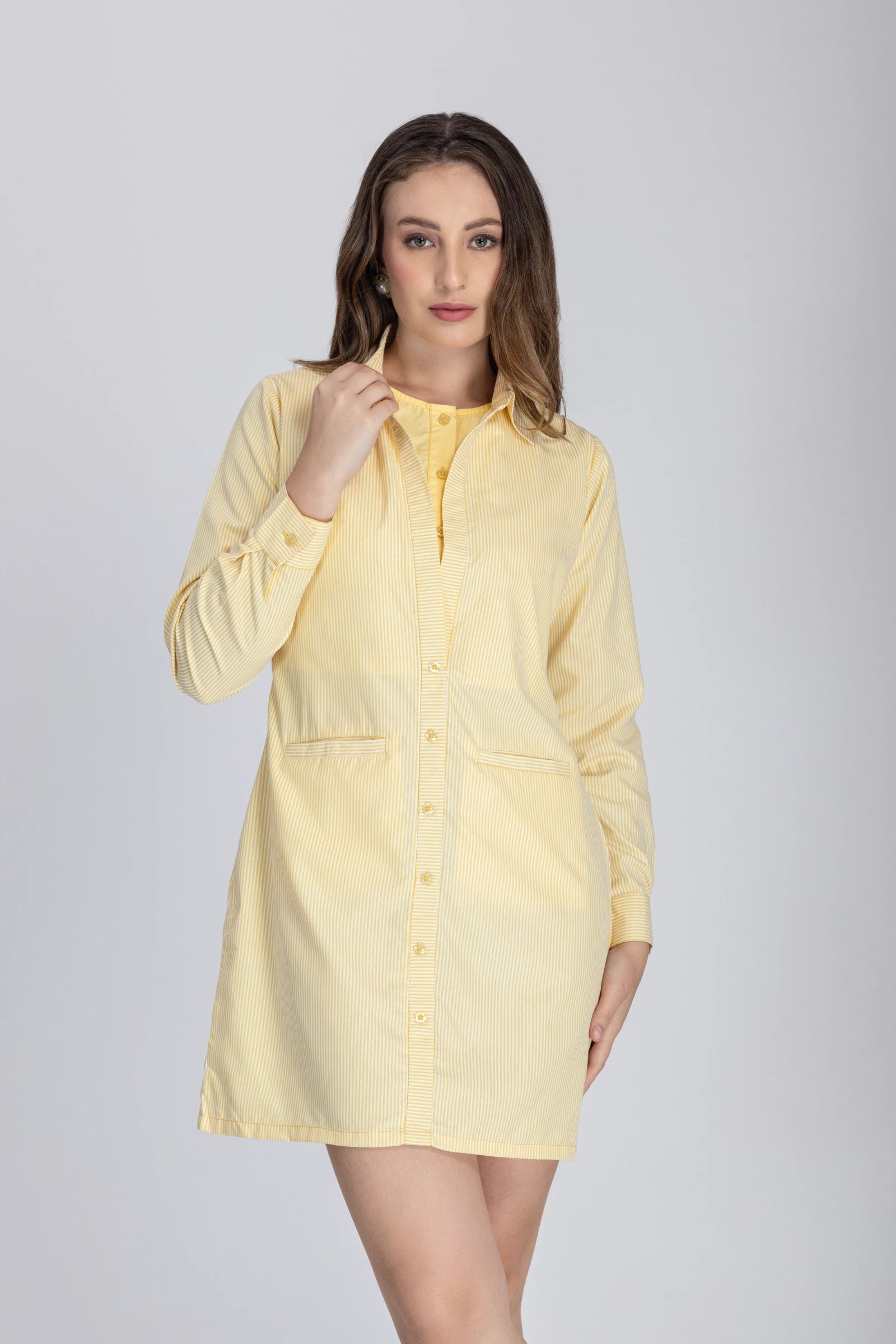 Double Placket Shirt Dress-Yellow