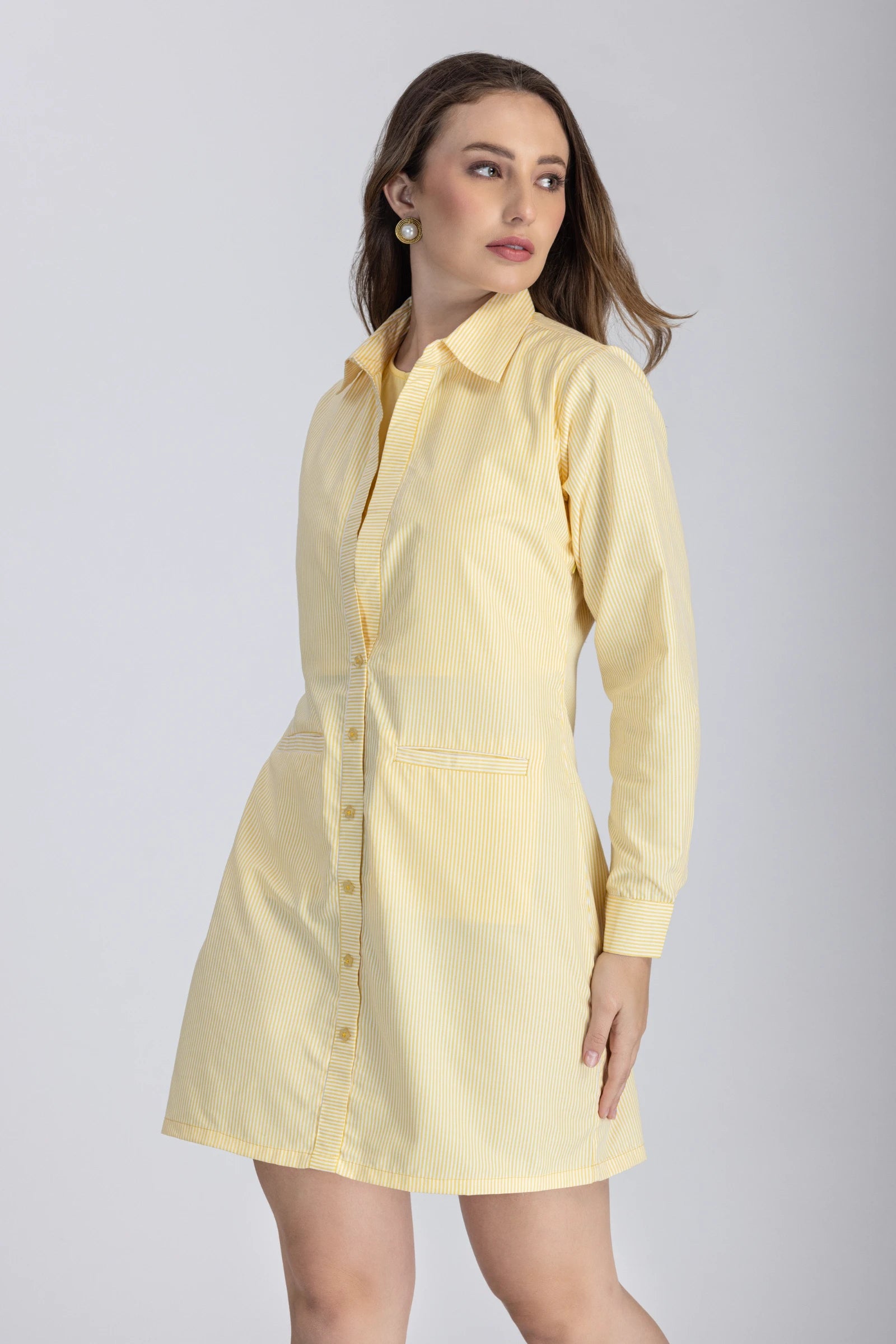 Double Placket Shirt Dress-Yellow