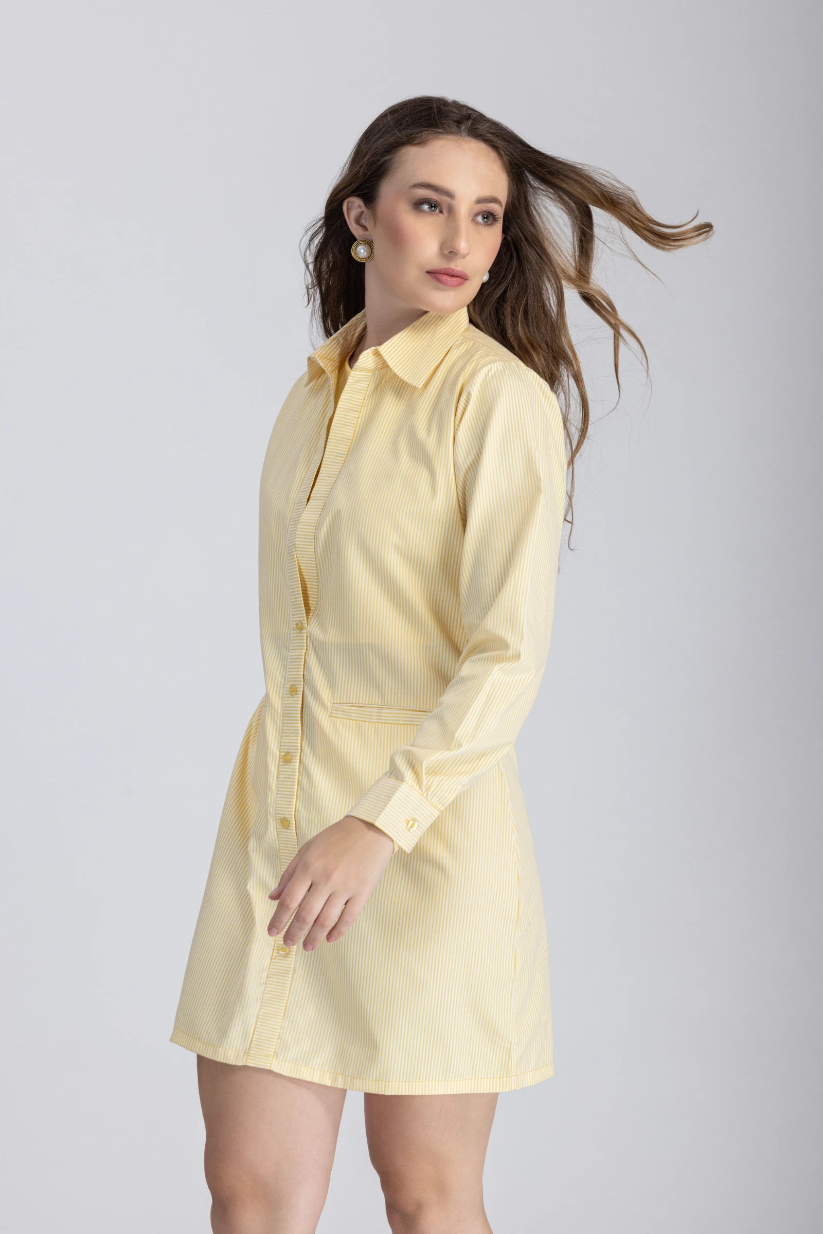 Double Placket Shirt Dress-Yellow