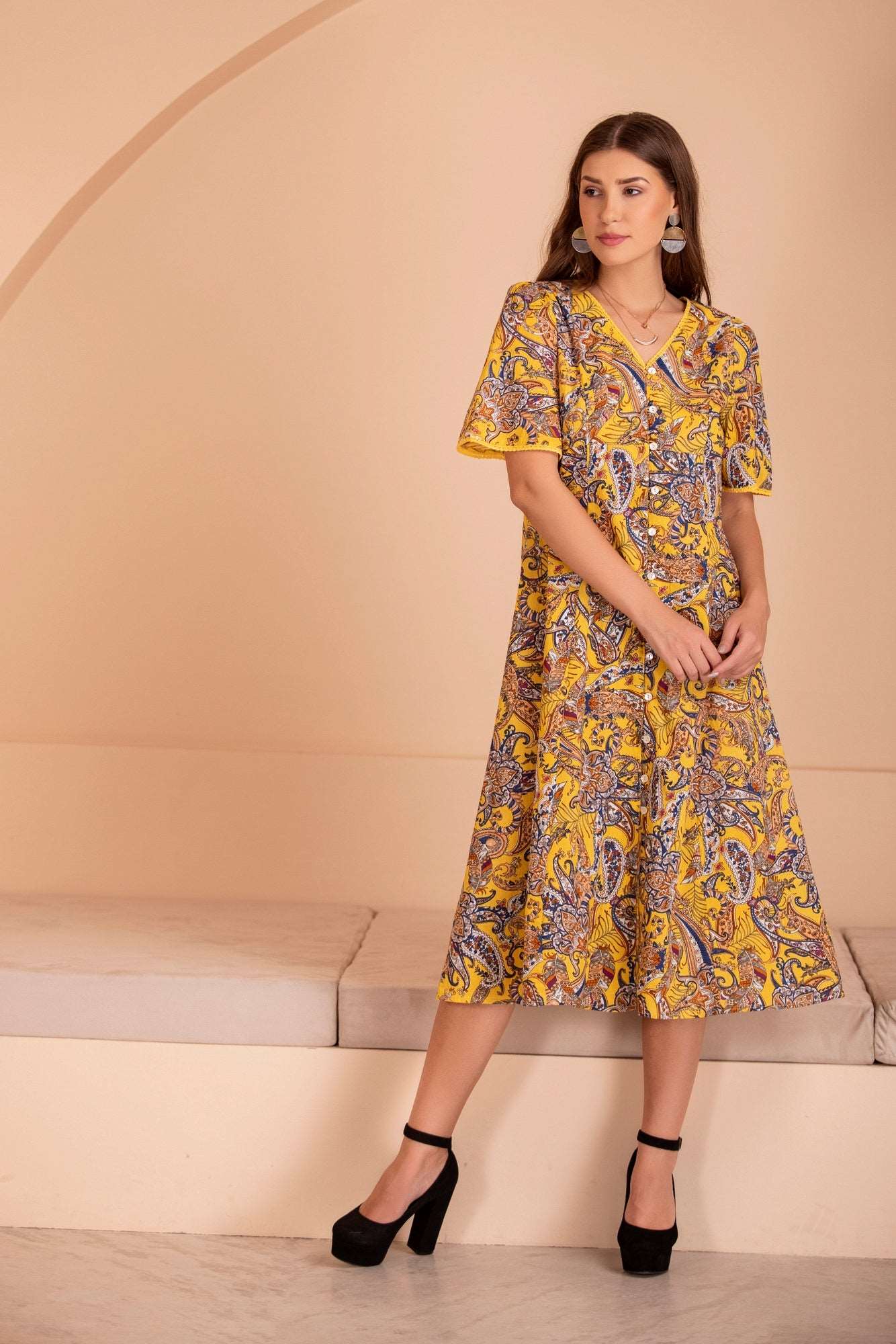 PRINTED COTTON YELLOW DRESS