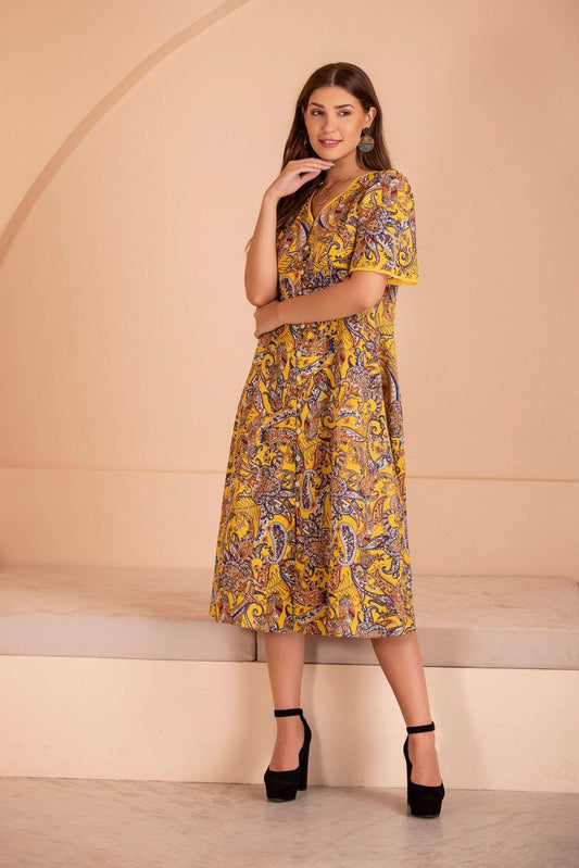 Printed Cotton Yellow Dress