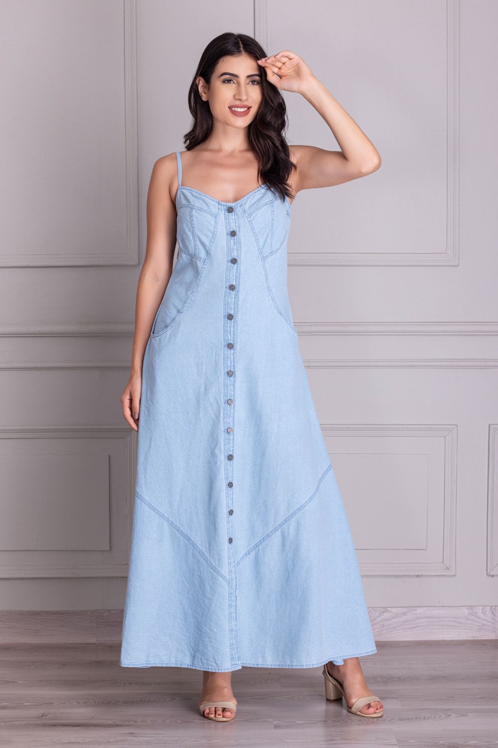 light bule Button Down Denim Dress