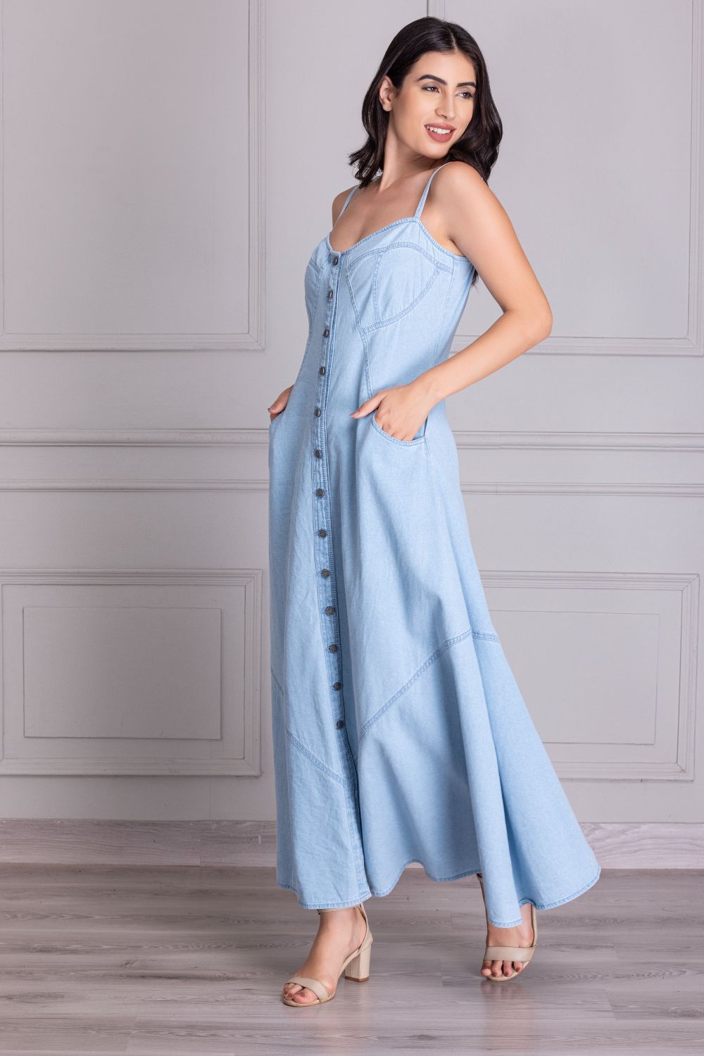 light bule Button Down Denim Dress