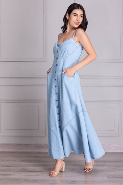 light bule Button Down Denim Dress