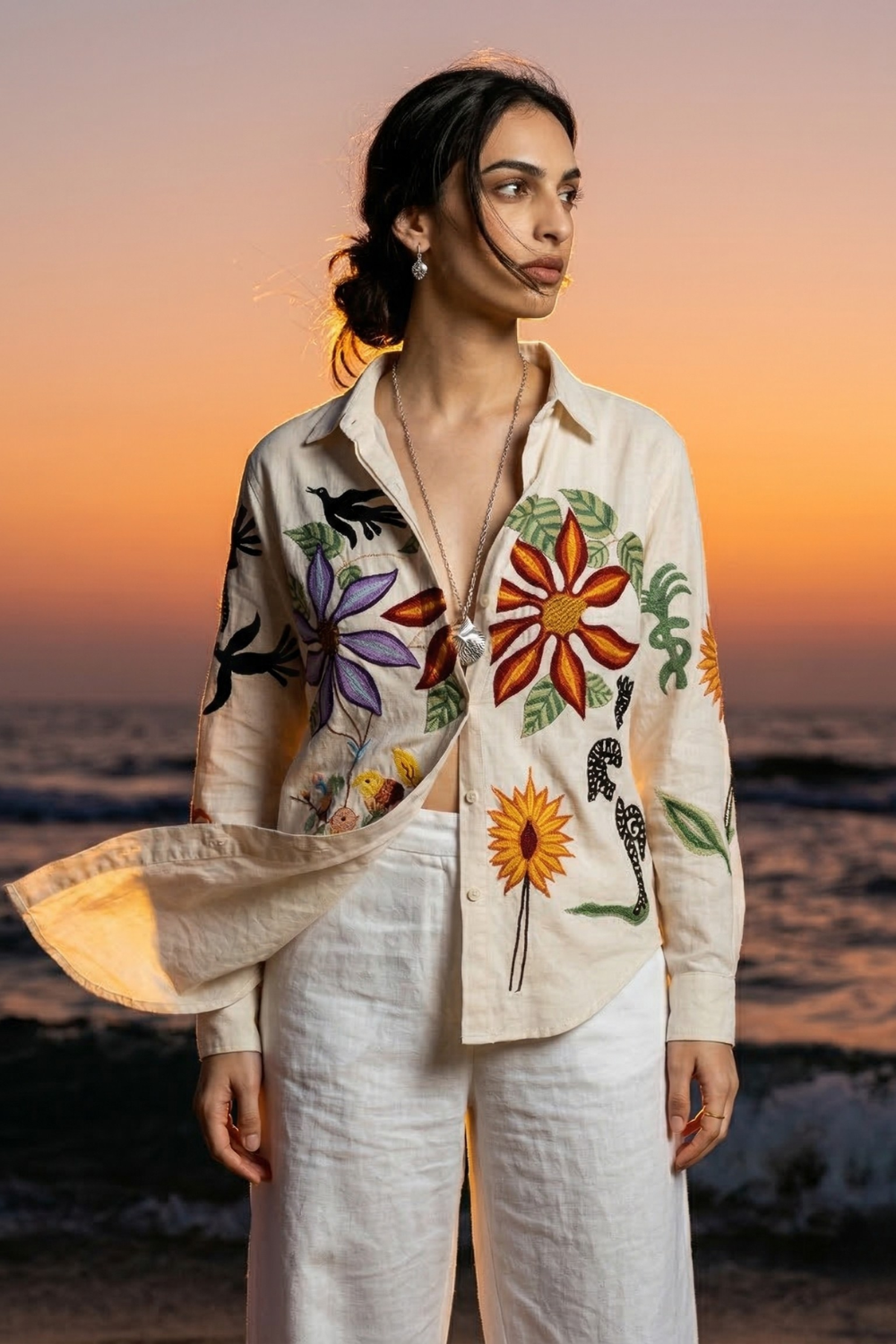 Wildflower Embroidered Shirt Beige
