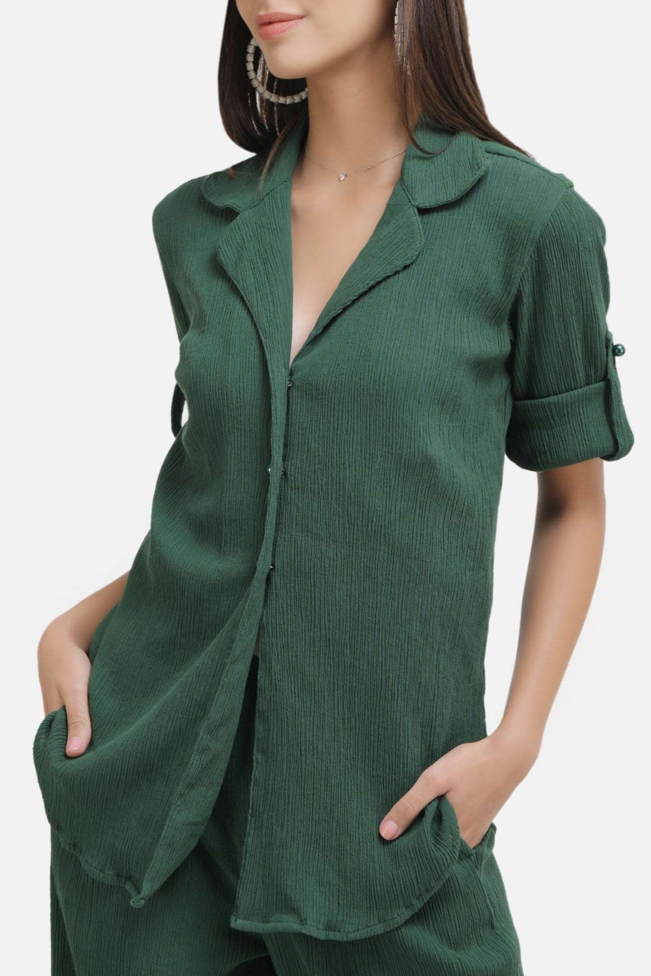 Crinkle Crepe Shirt+Pants (Dark Green)