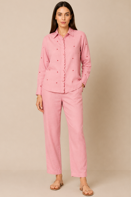 Premium Linen Scalloped Coord Pink