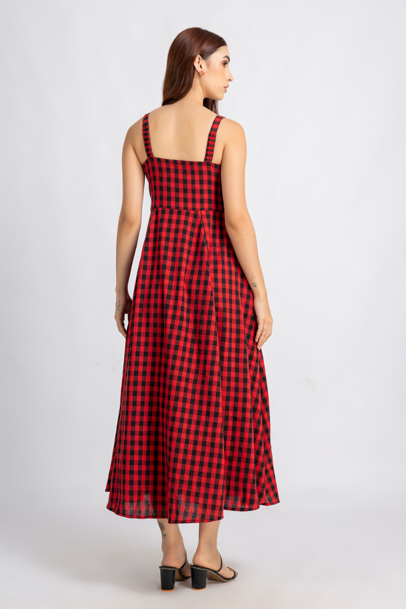Crimson Check Midi Dress