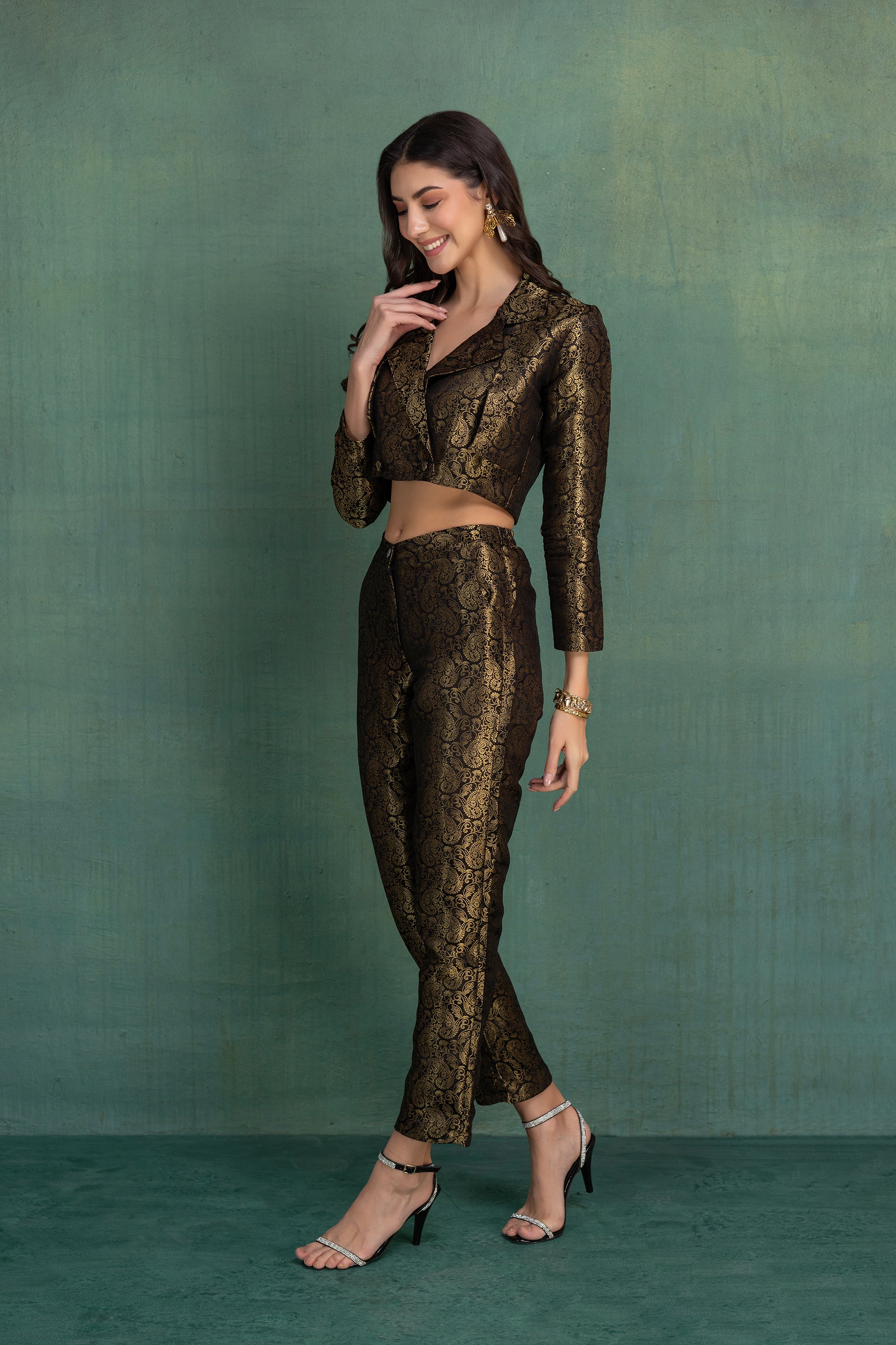 Midnight Brocade Pants with Crop Jacket