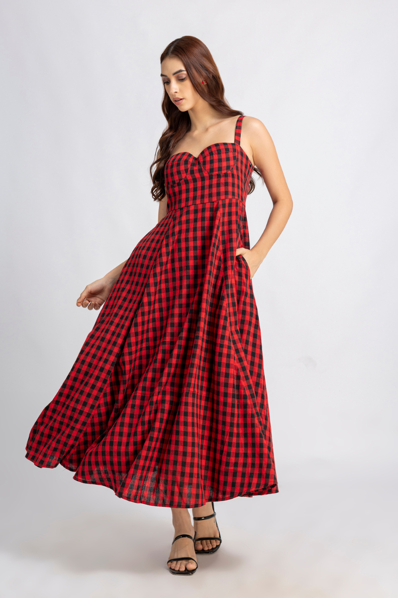 Crimson Check Midi Dress