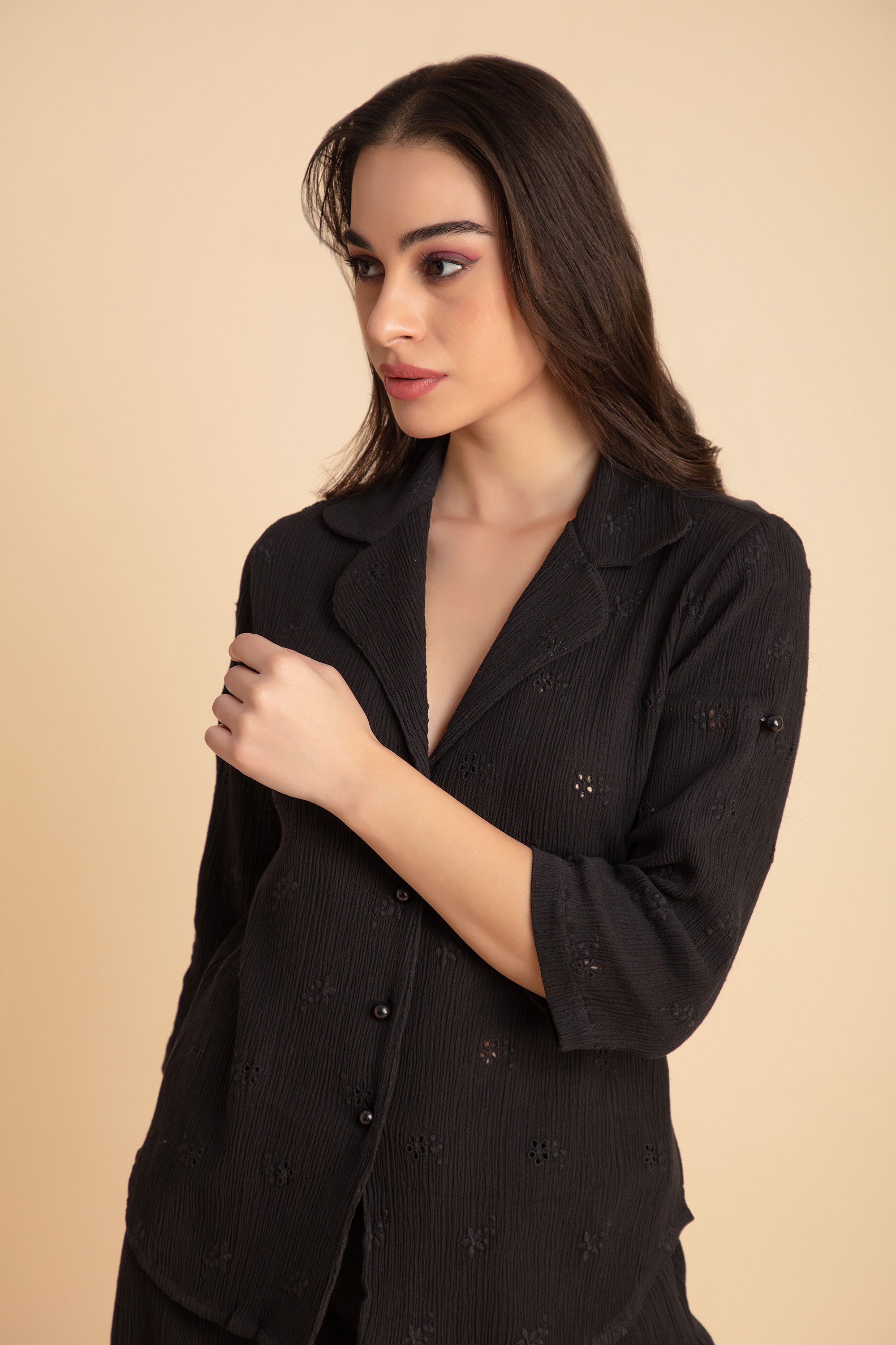 Crinkle Crepe Shirt+Pants (Black)