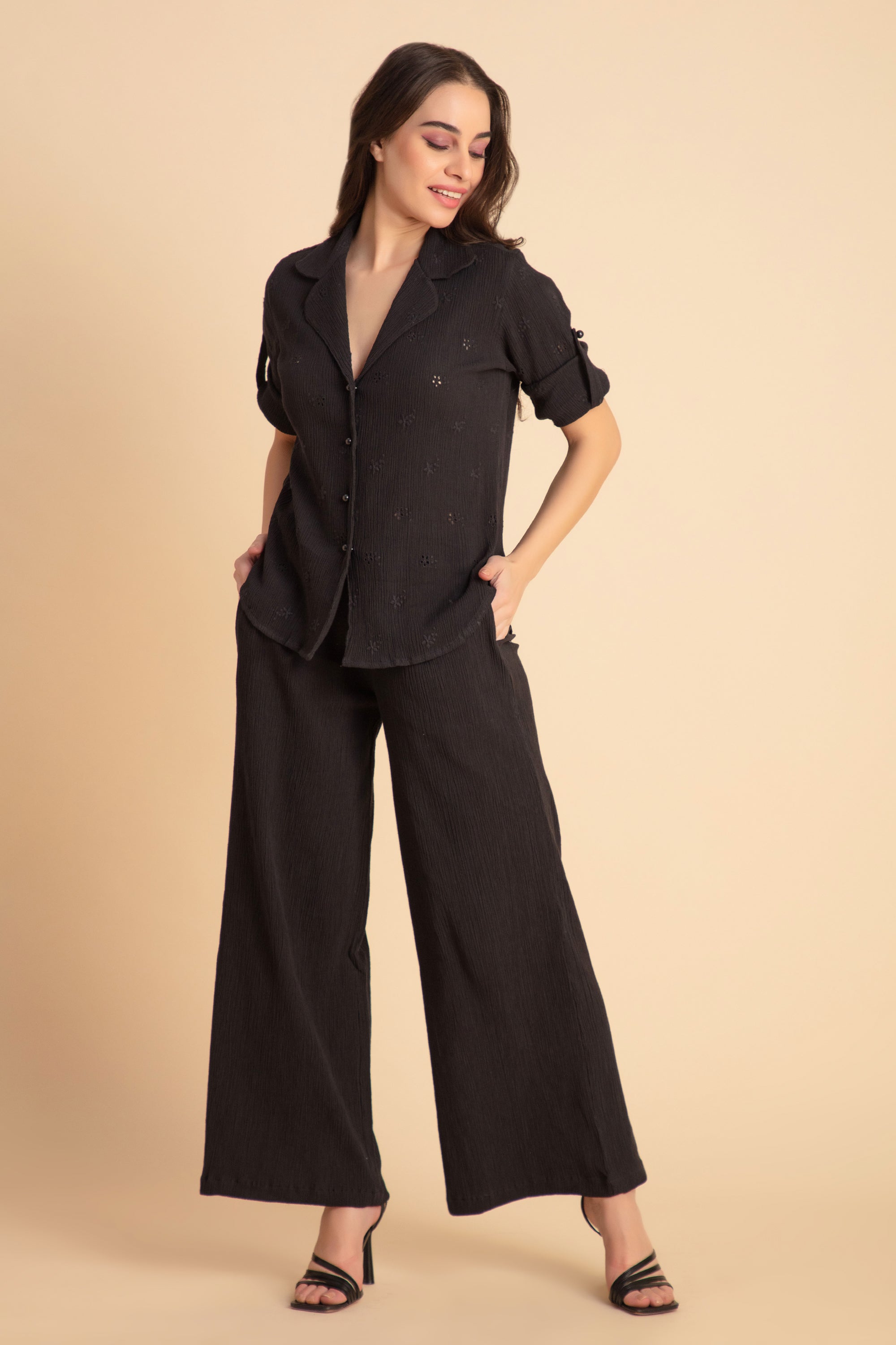 Crinkle Crepe Shirt+Pants (Black)