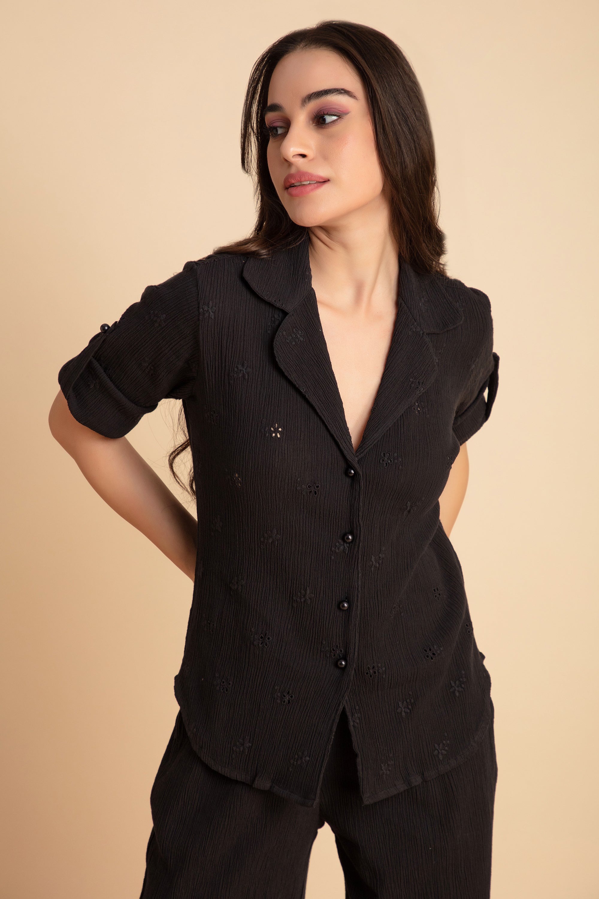 Crinkle Crepe Shirt+Pants (Black)