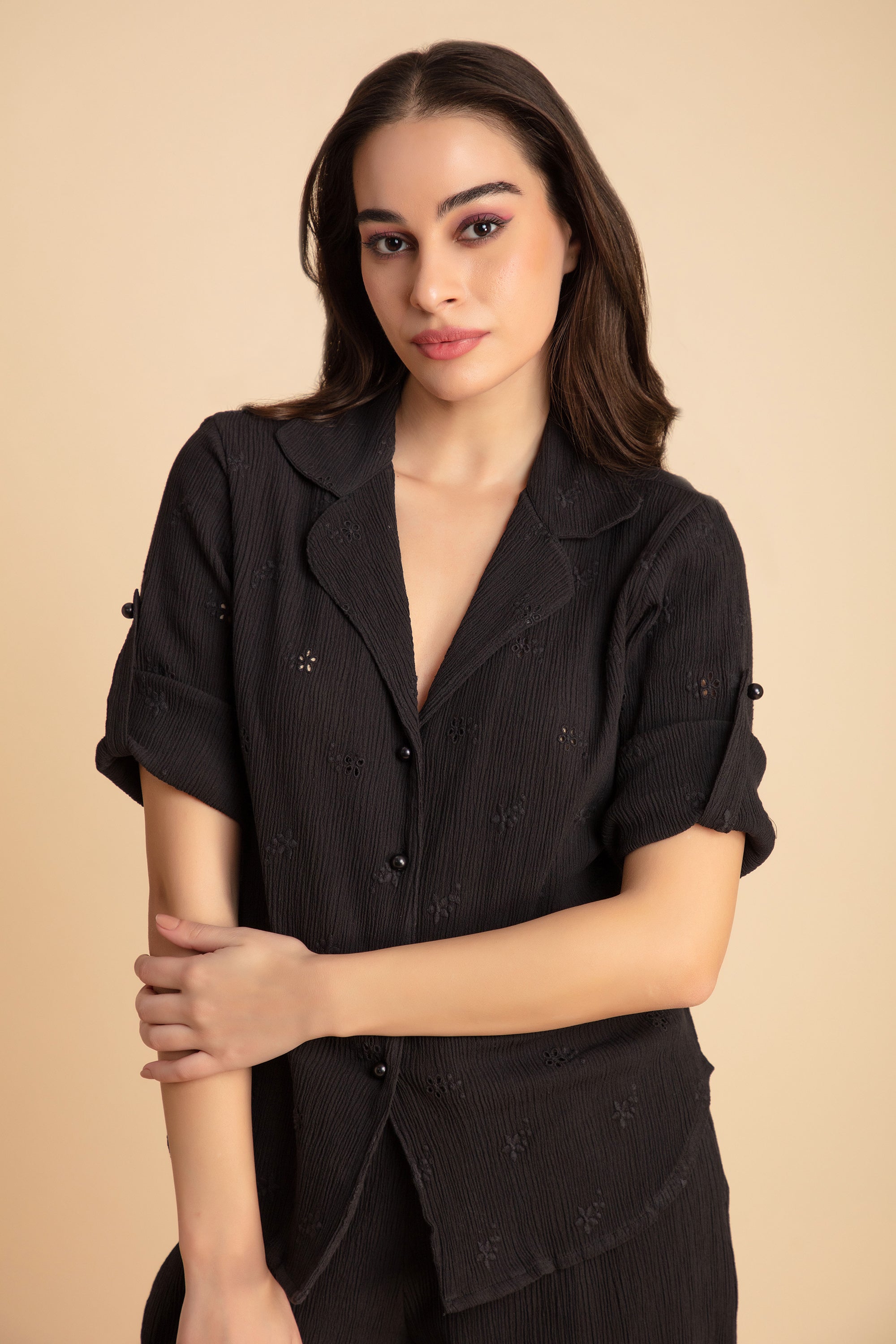Crinkle Crepe Shirt+Pants (Black)
