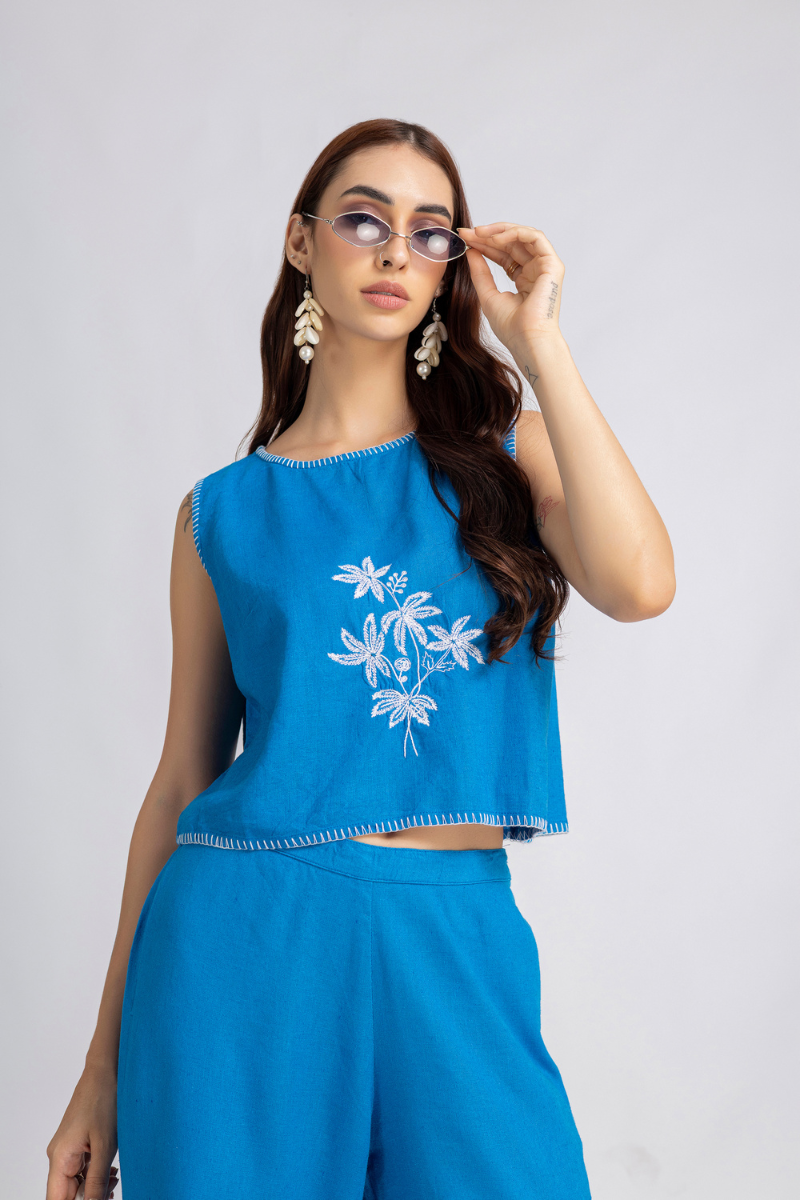 Blue Embroidered Pants and Top