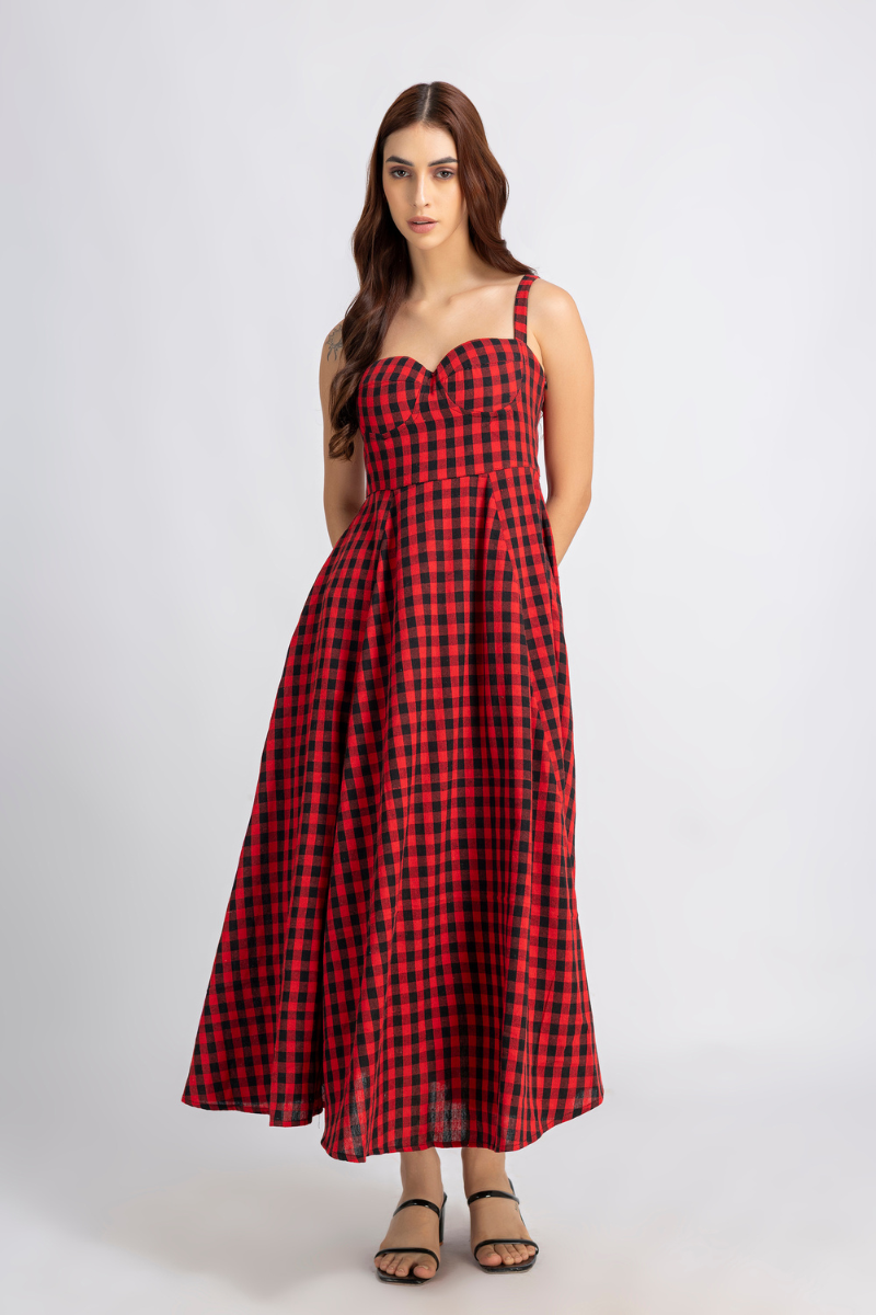 Crimson Check Midi Dress