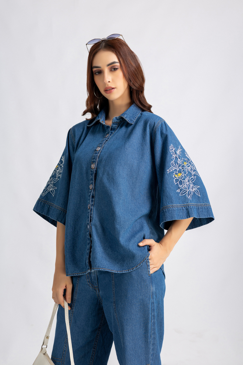 Denim embroidered cord set