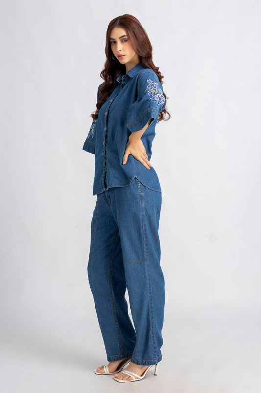 Denim Embroidered Cord Set