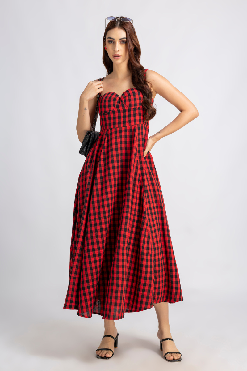Crimson Check Midi Dress