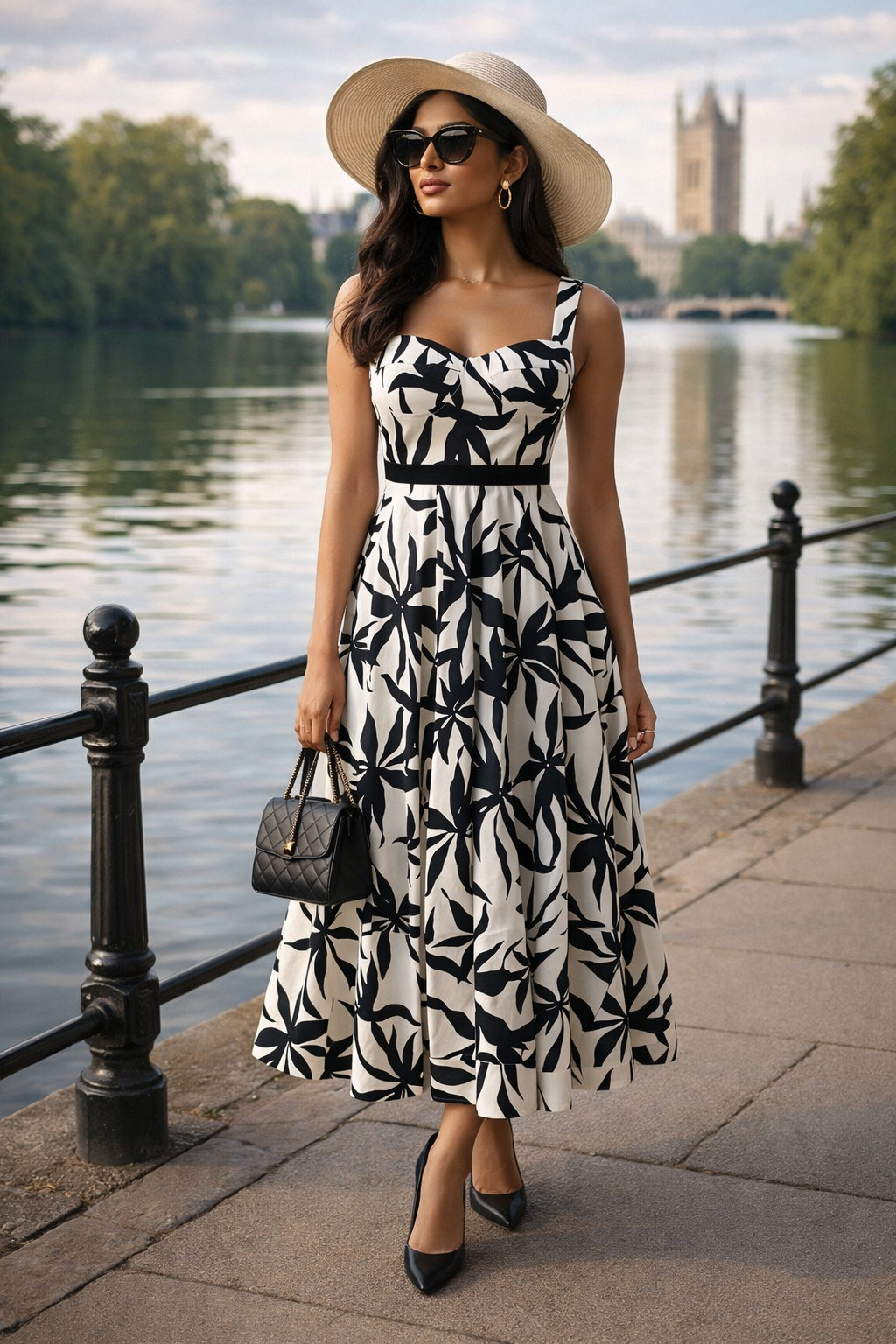 Ivory noir floral midi dress