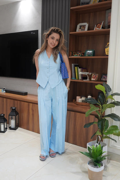 Blue Linen Waistcoat with Pants