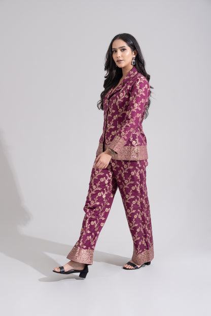 Wine Brocade Coord set
