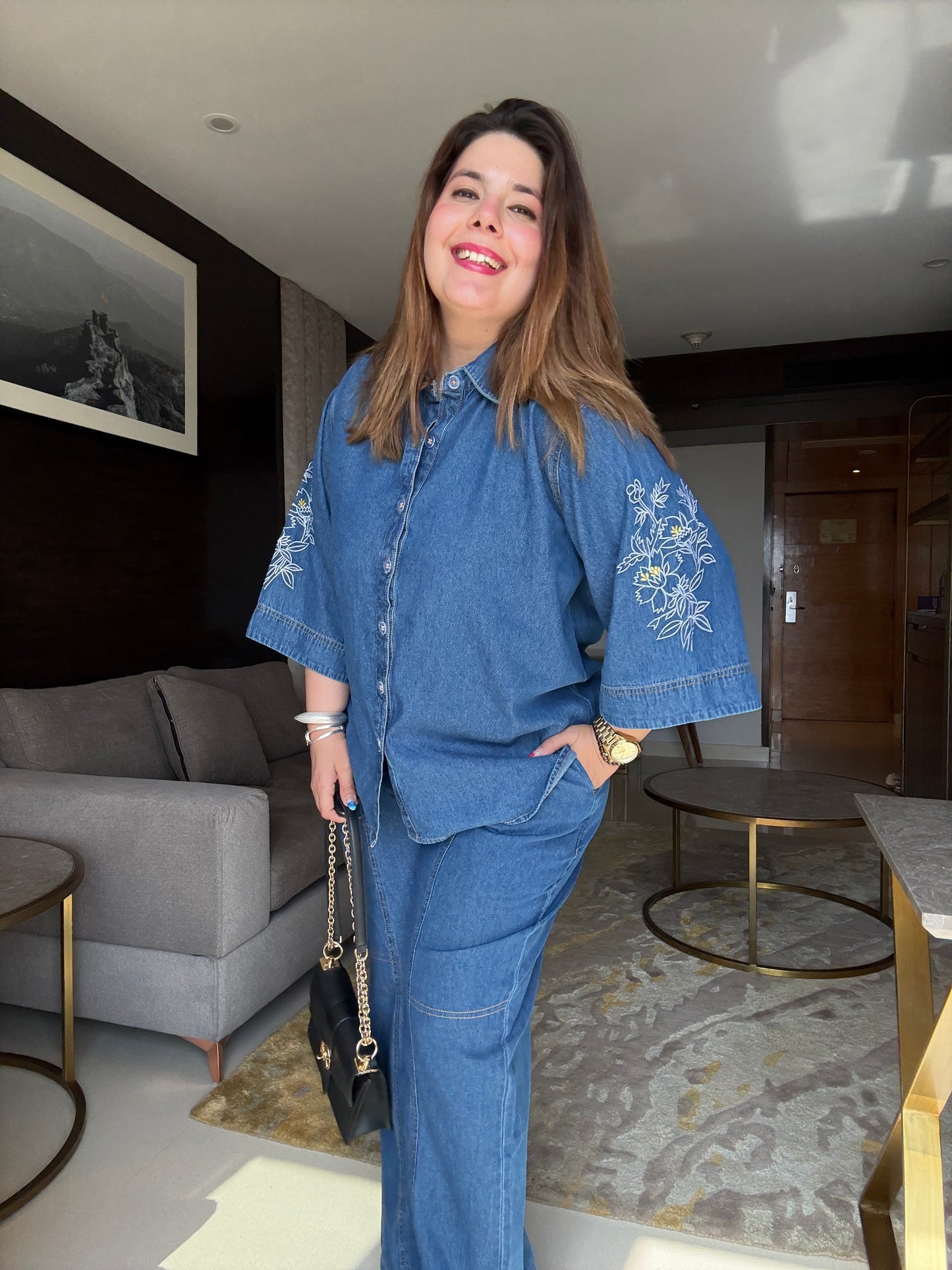 Denim Embroidered Cord Set