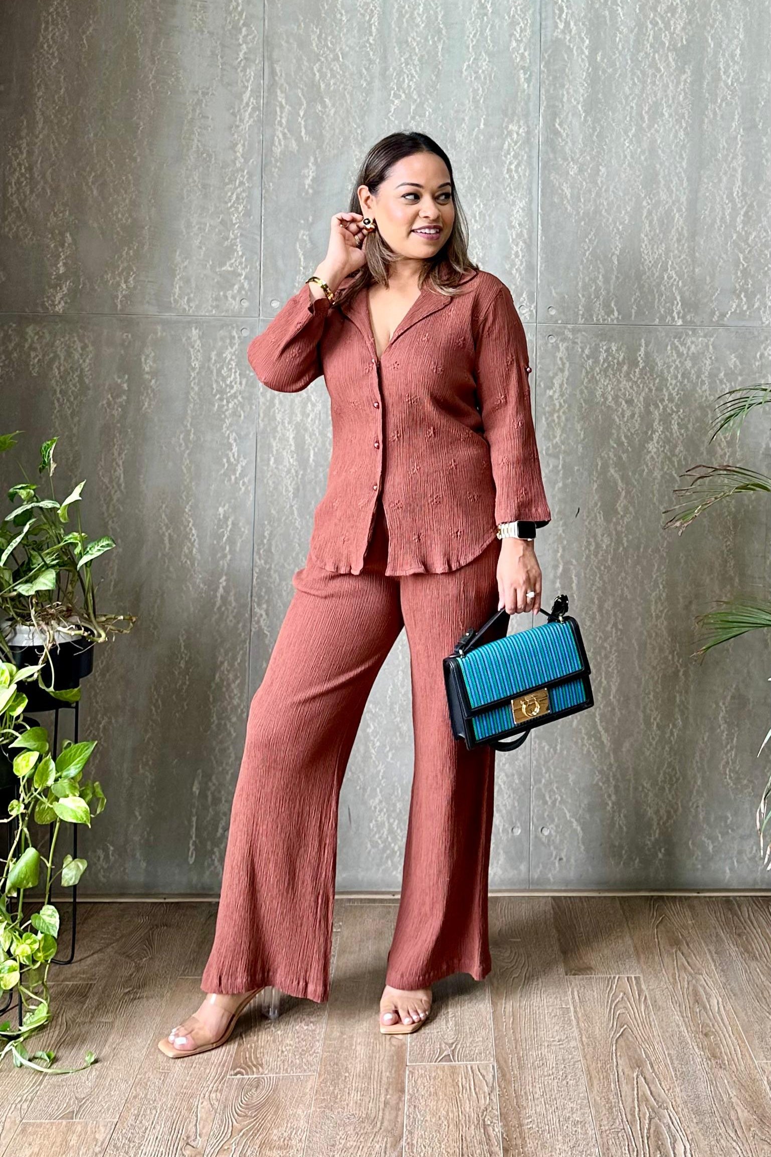 Crinkle Crepe Shirt+Pants(Brown)
