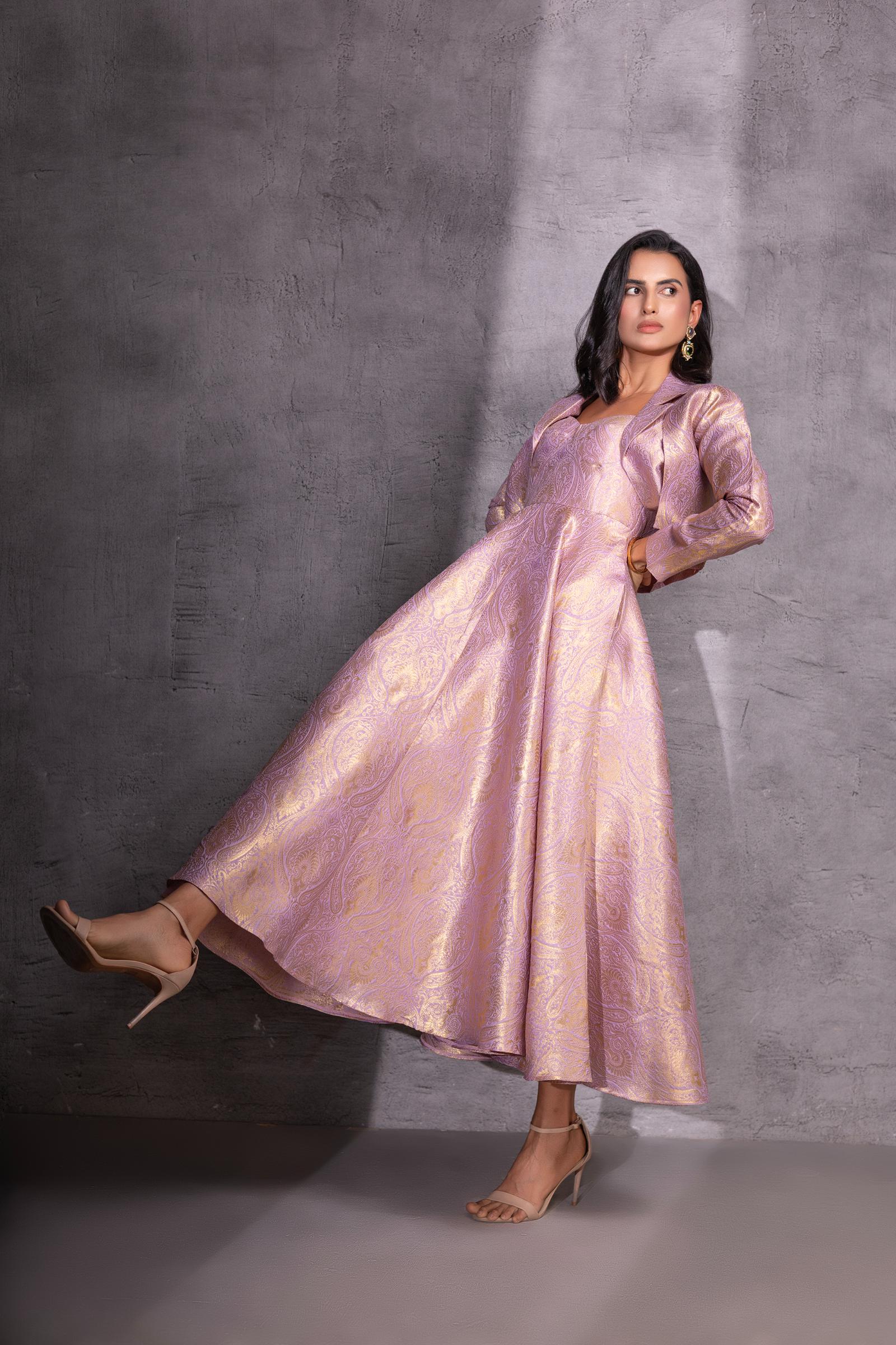 Lilac Brocade Flared Dress with Jacket