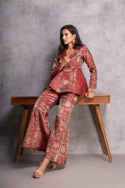 Maroon Peplum Top with Flared Pants