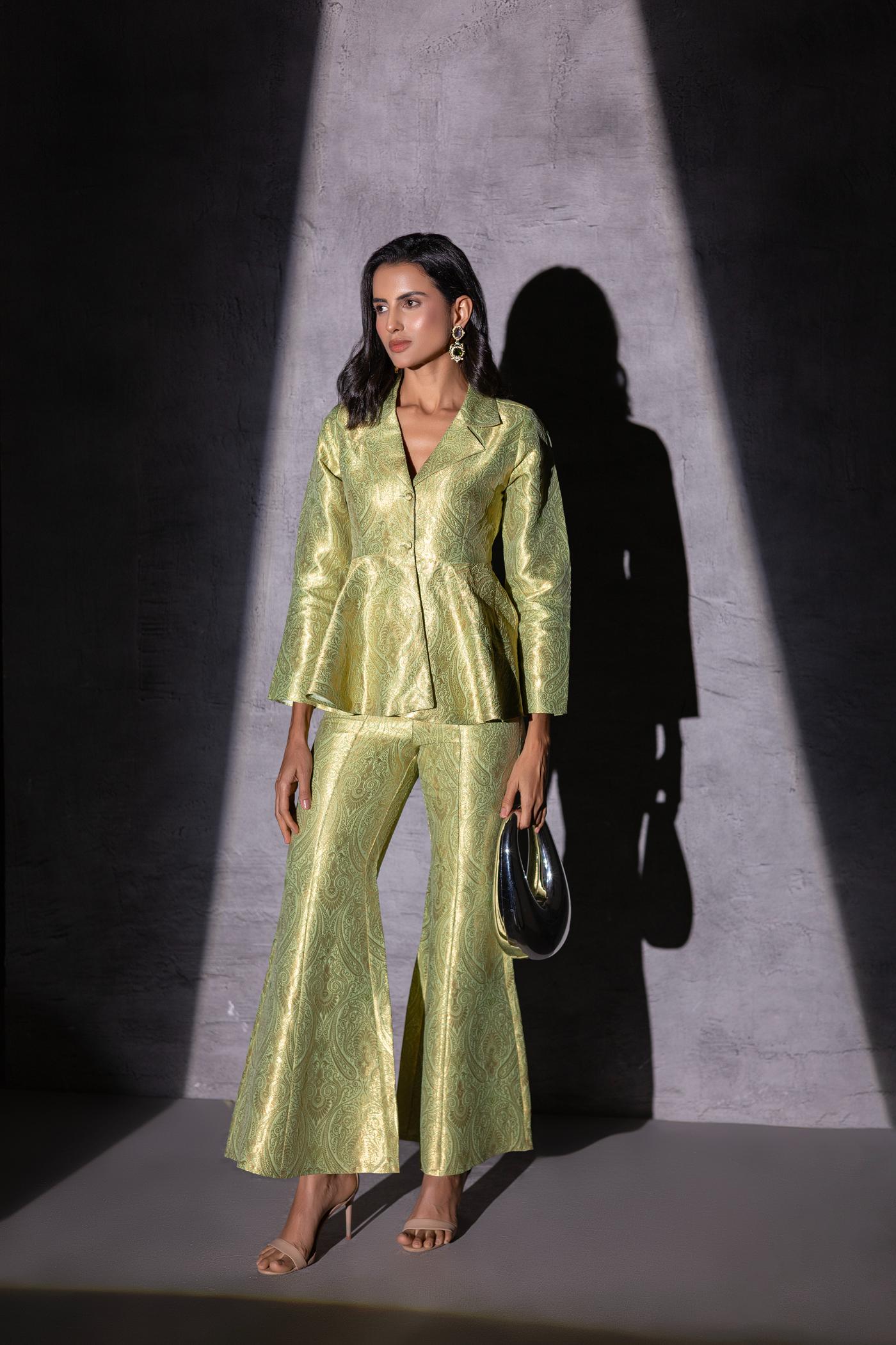 Golden Sage Peplum Top with Flared Pants