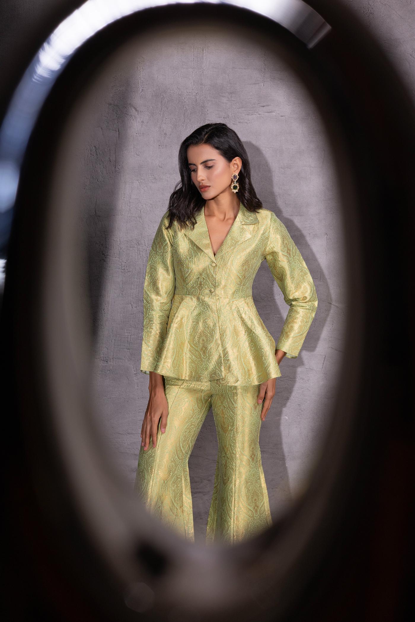 Golden Sage Peplum Top with Flared Pants