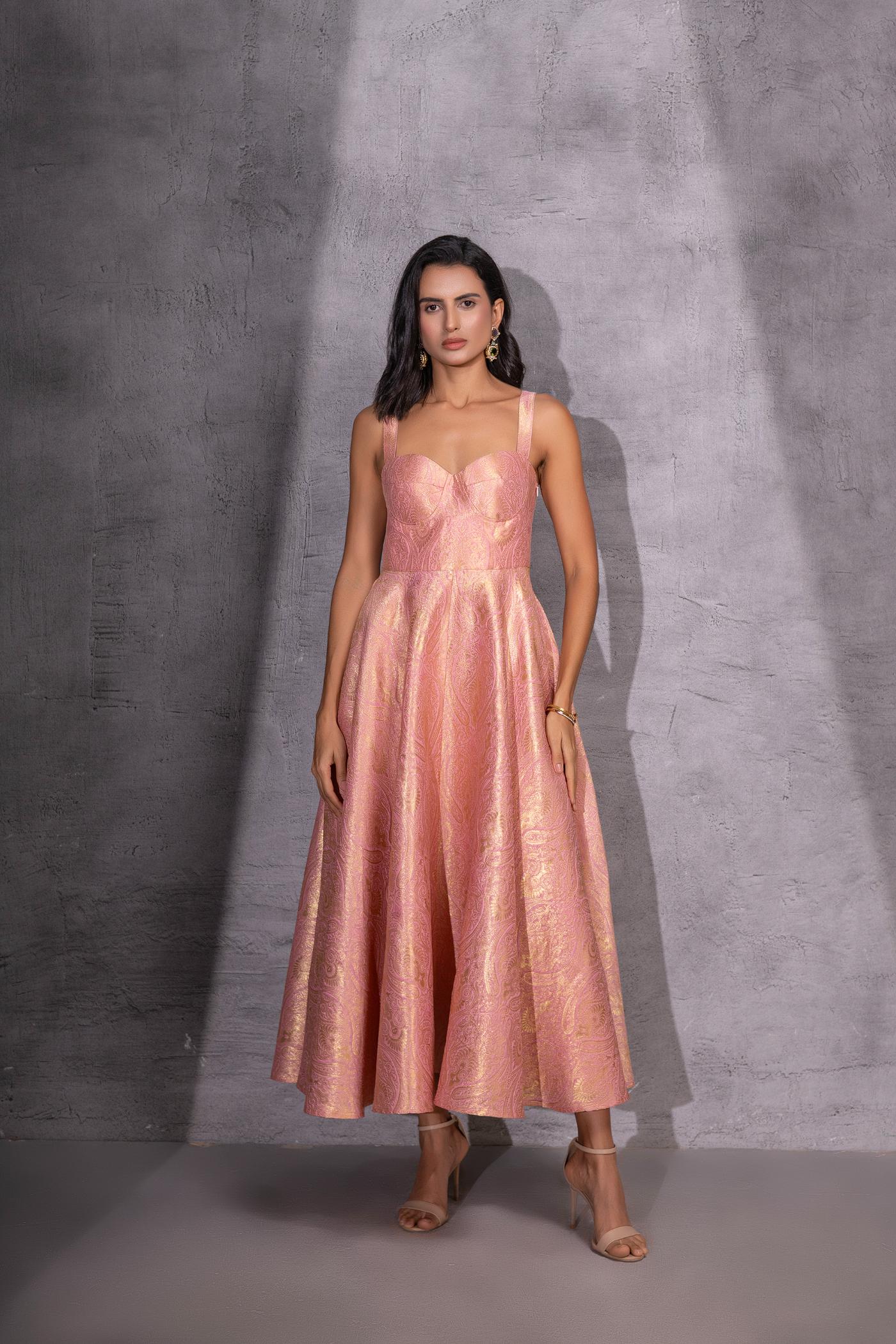 Pink Brocade Flared Dress with Jacket