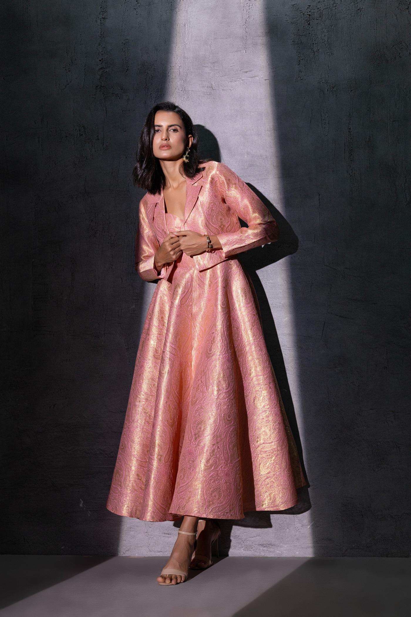 Shop Pink Brocade Flared Dress with Jacket
