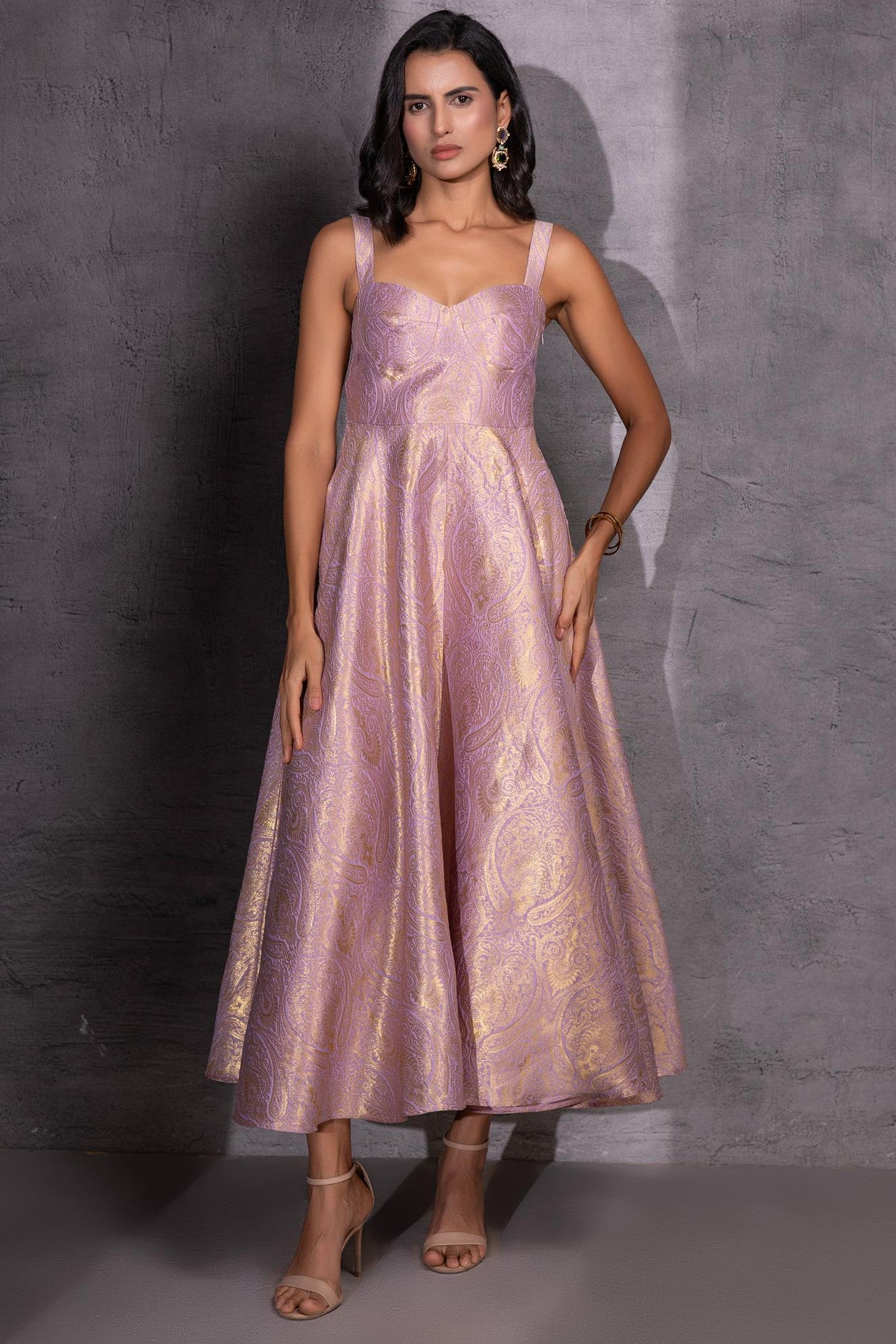 Lilac Brocade Flared Dress with Jacket