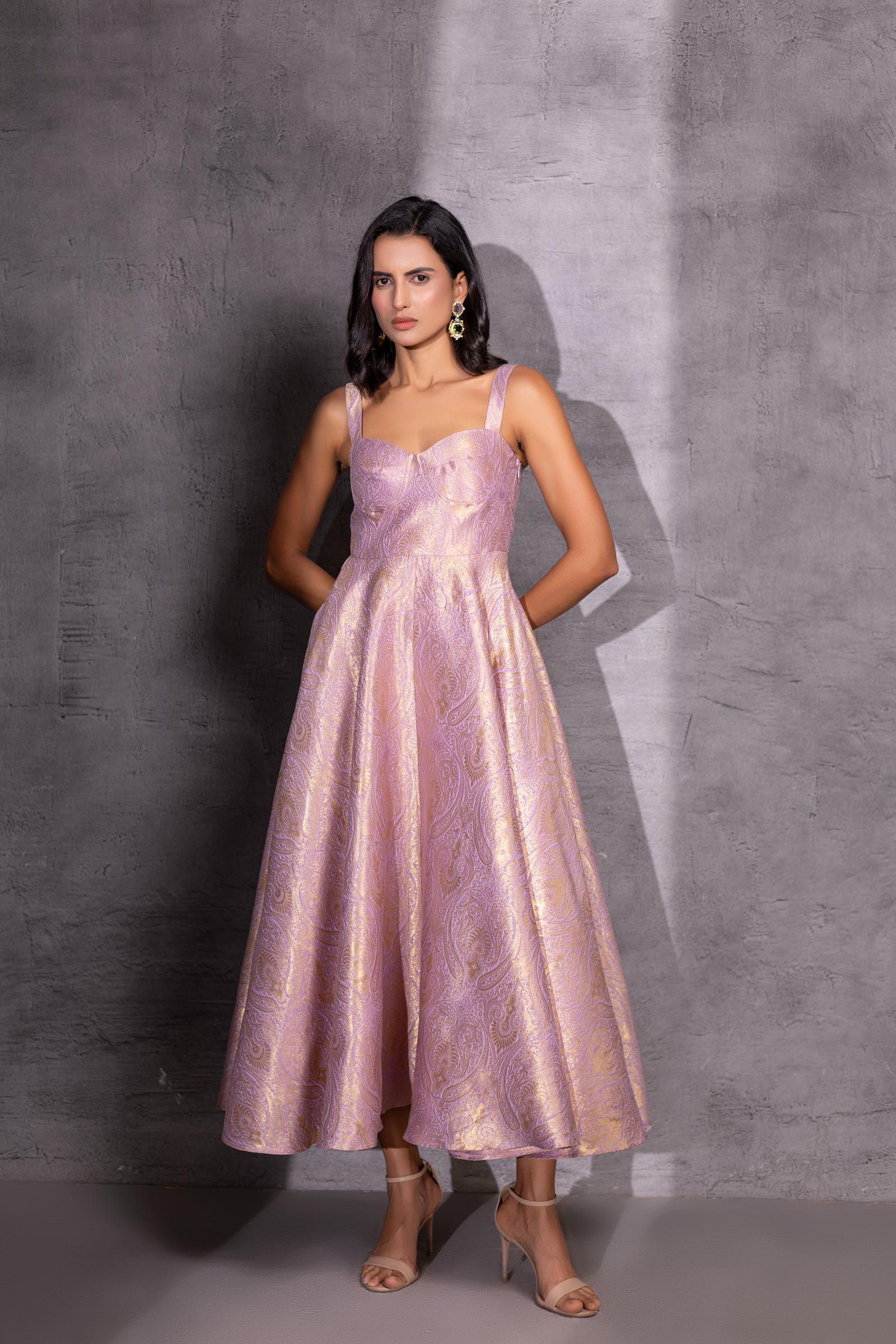 Lilac Brocade Flared Dress with Jacket