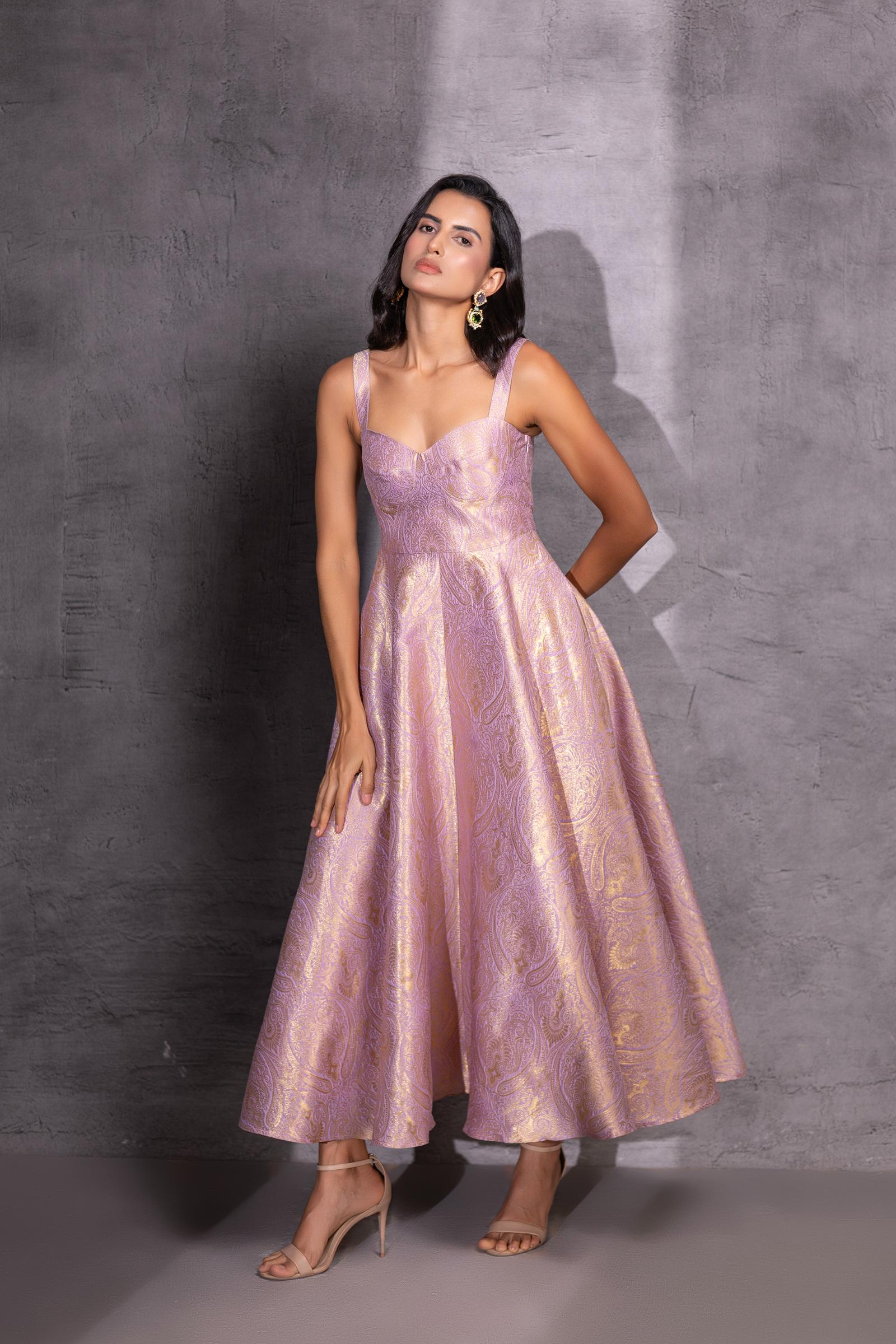 Lilac Brocade Flared Dress with Jacket
