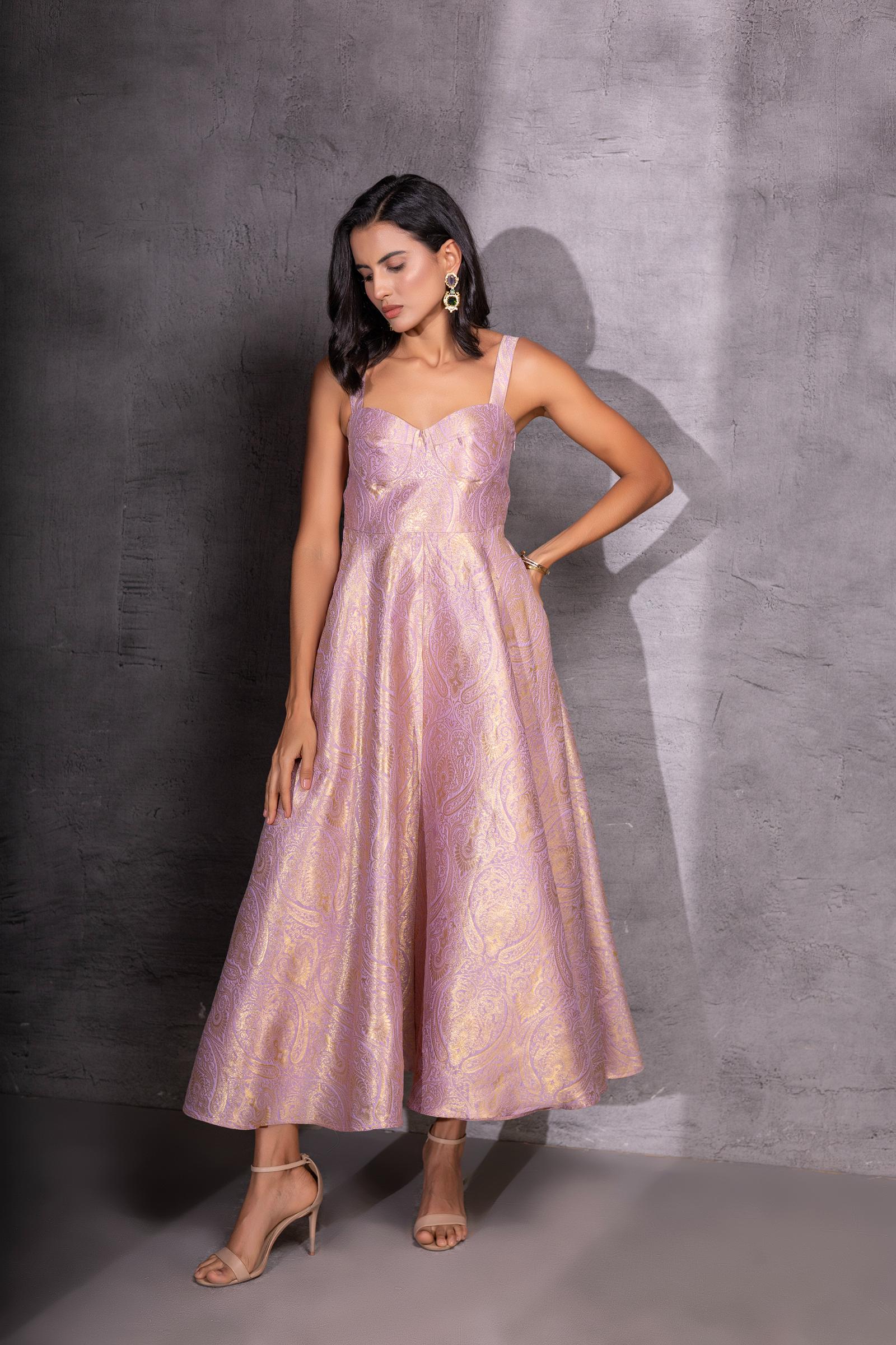 Lilac Brocade Flared Dress with Jacket